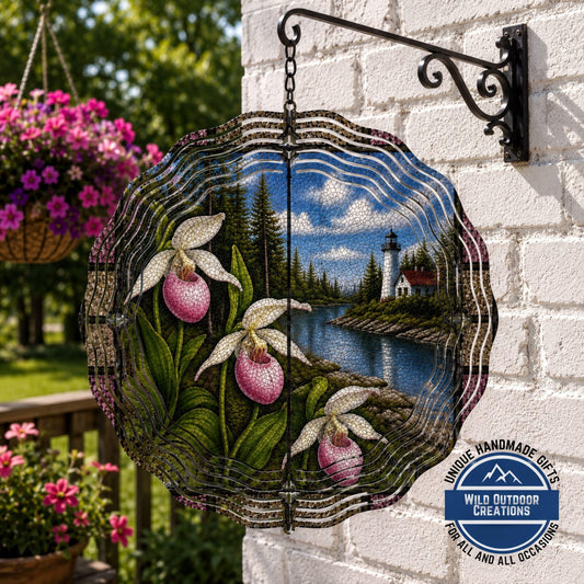 Minnesota State Flower Lady Slipper Wind Spinner Stained Glass Look Lighthouse Decor 10 Inch