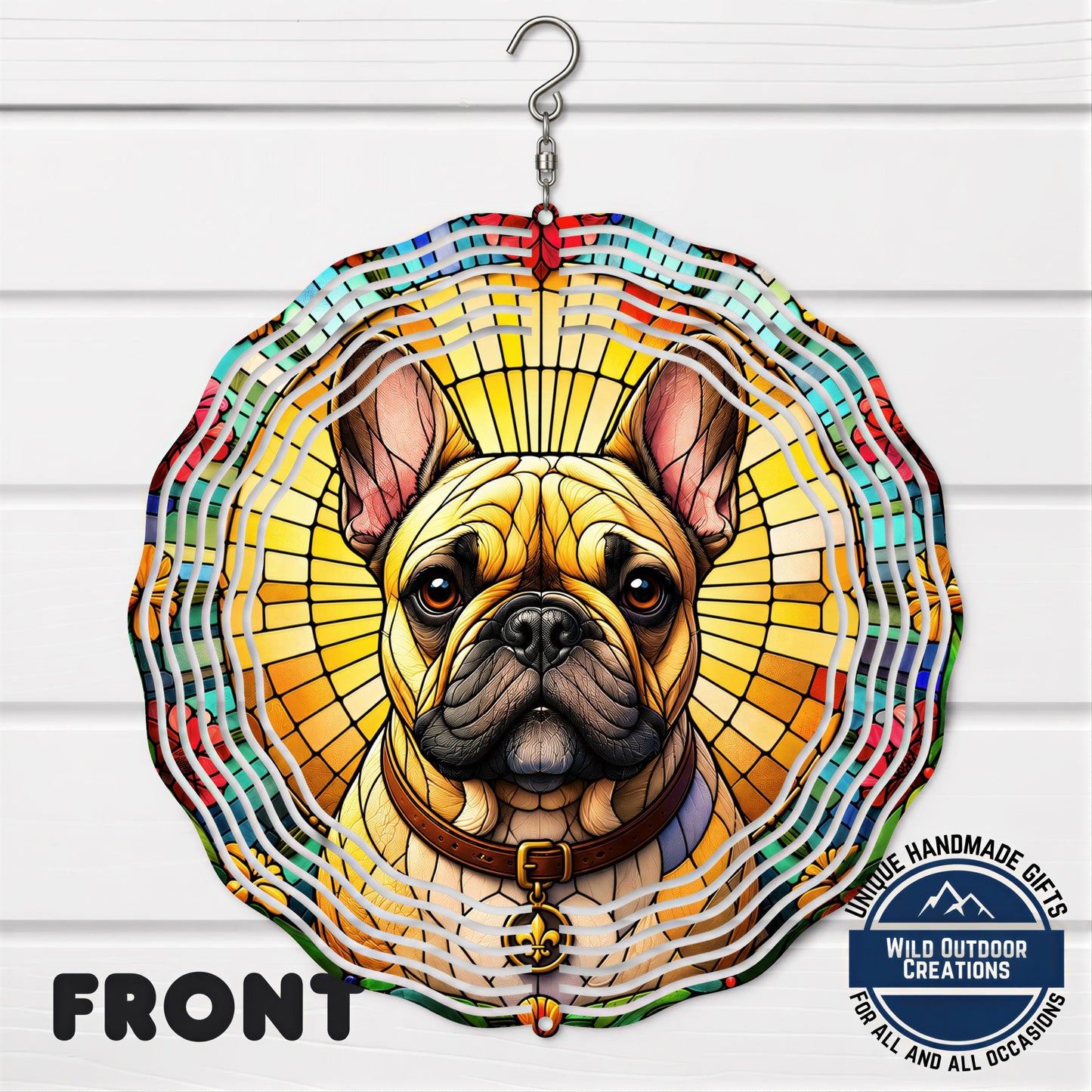 French Bulldog Wind Spinner – 10 Inch Faux Stained Glass Spiral Garden Decor