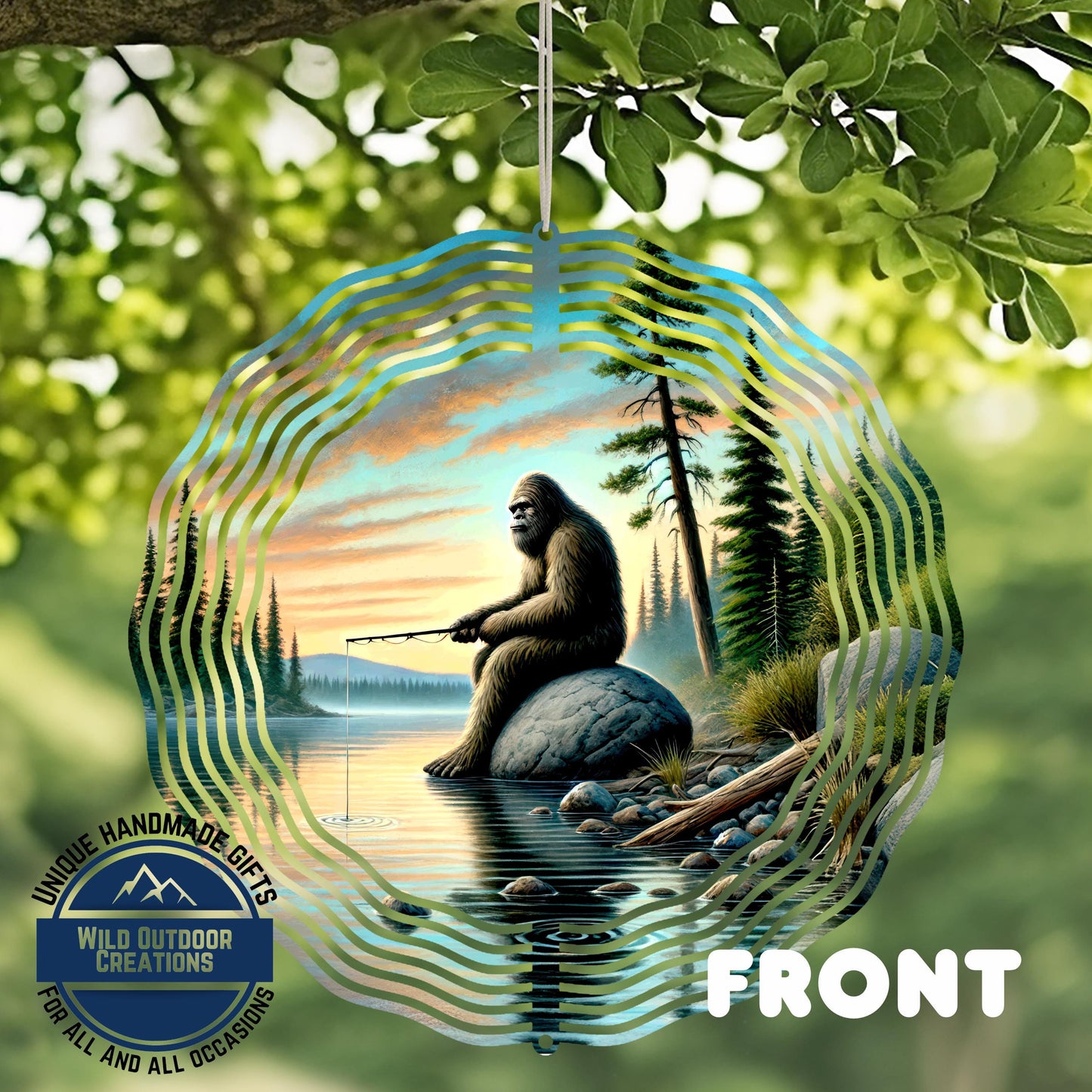 Bigfoot Fishing Wind Spinner - Aluminum Outdoor Spinner | Sasquatch Garden Decor - front and back