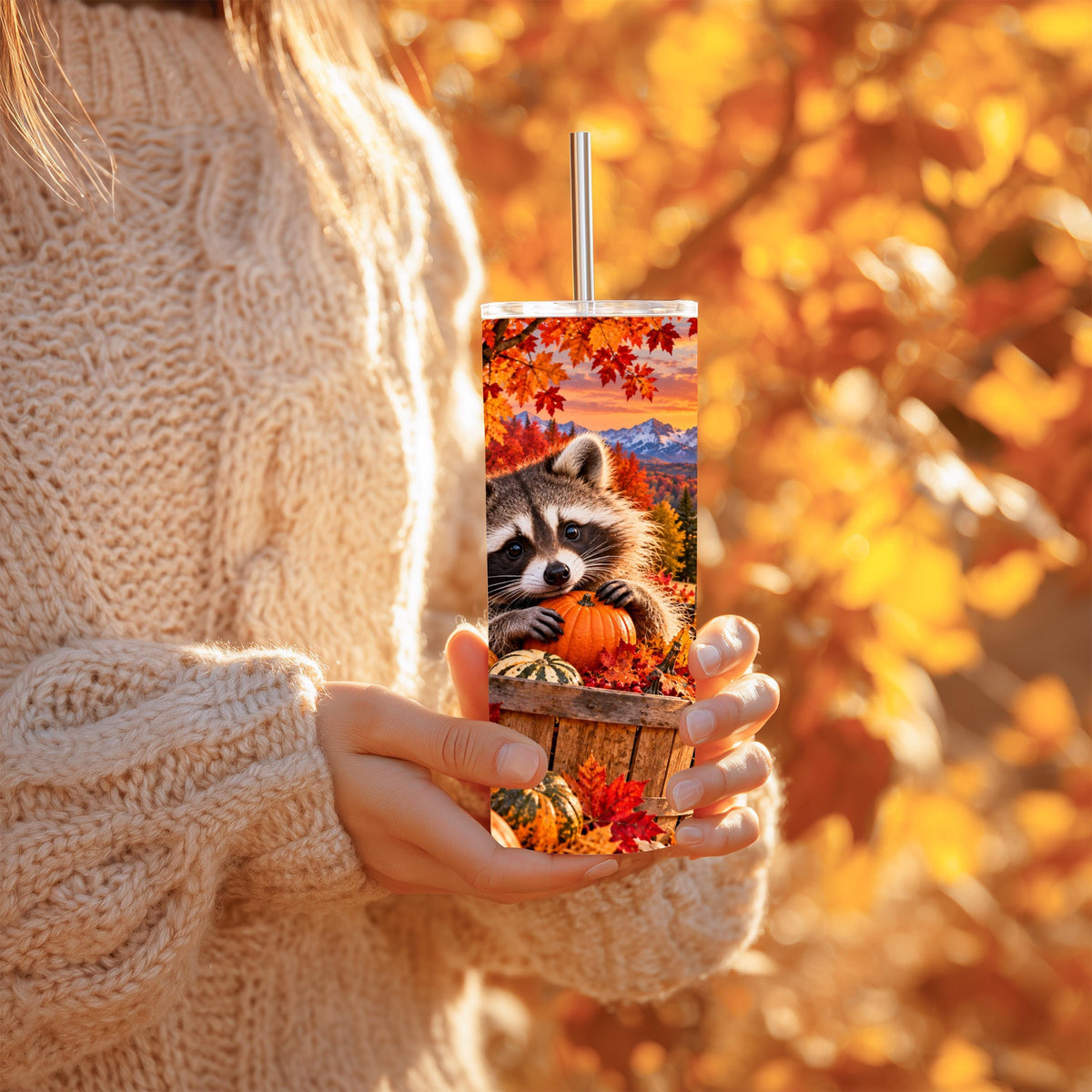 Autumn Tumbler, Raccoon Fall Cup, 20 Oz Skinny, Pumpkin Harvest Art