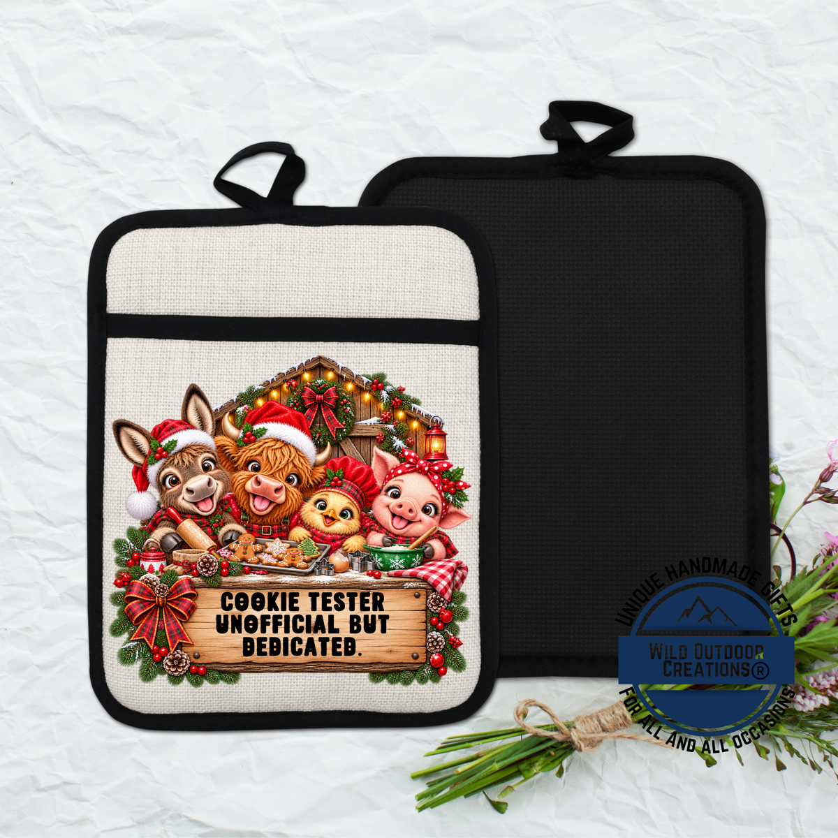 A kitchen pot holder with a cartoon image of a group of animals, including a cow, pig, and chicken, along with a sign that says "Cookie Tester Unofficial But Dedicated".