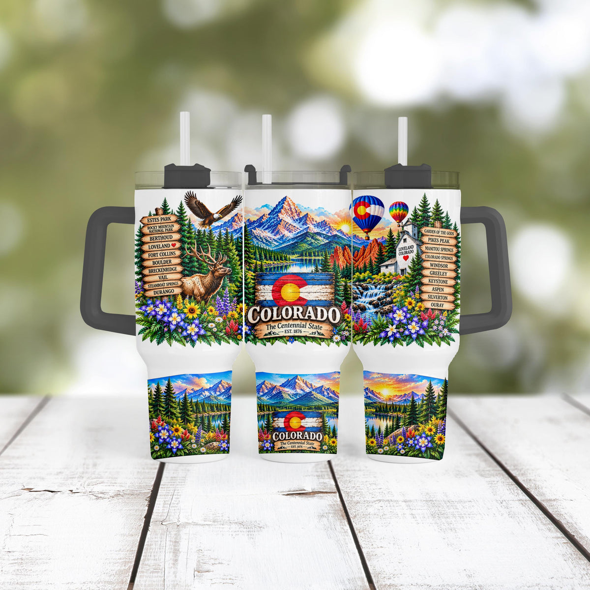 Colorado 40 Oz Tumbler, Handle, Elk, Columbine, Flag Gift Cup Set