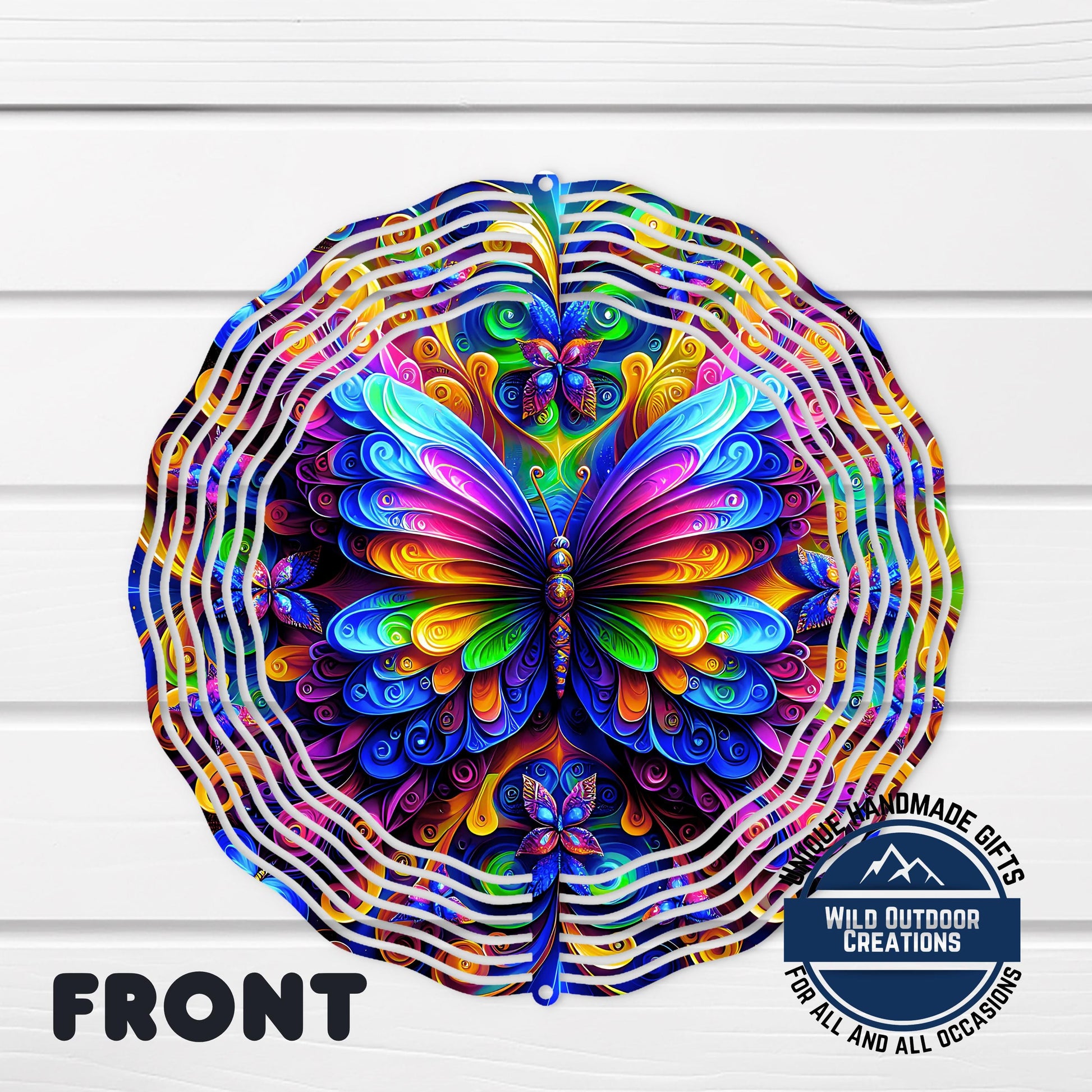 Neon Butterfly Wind Spinner - 10 Inch Rainbow Aluminum Garden Art with 360 Swivel Hook - shown spinning in outdoor garden ...