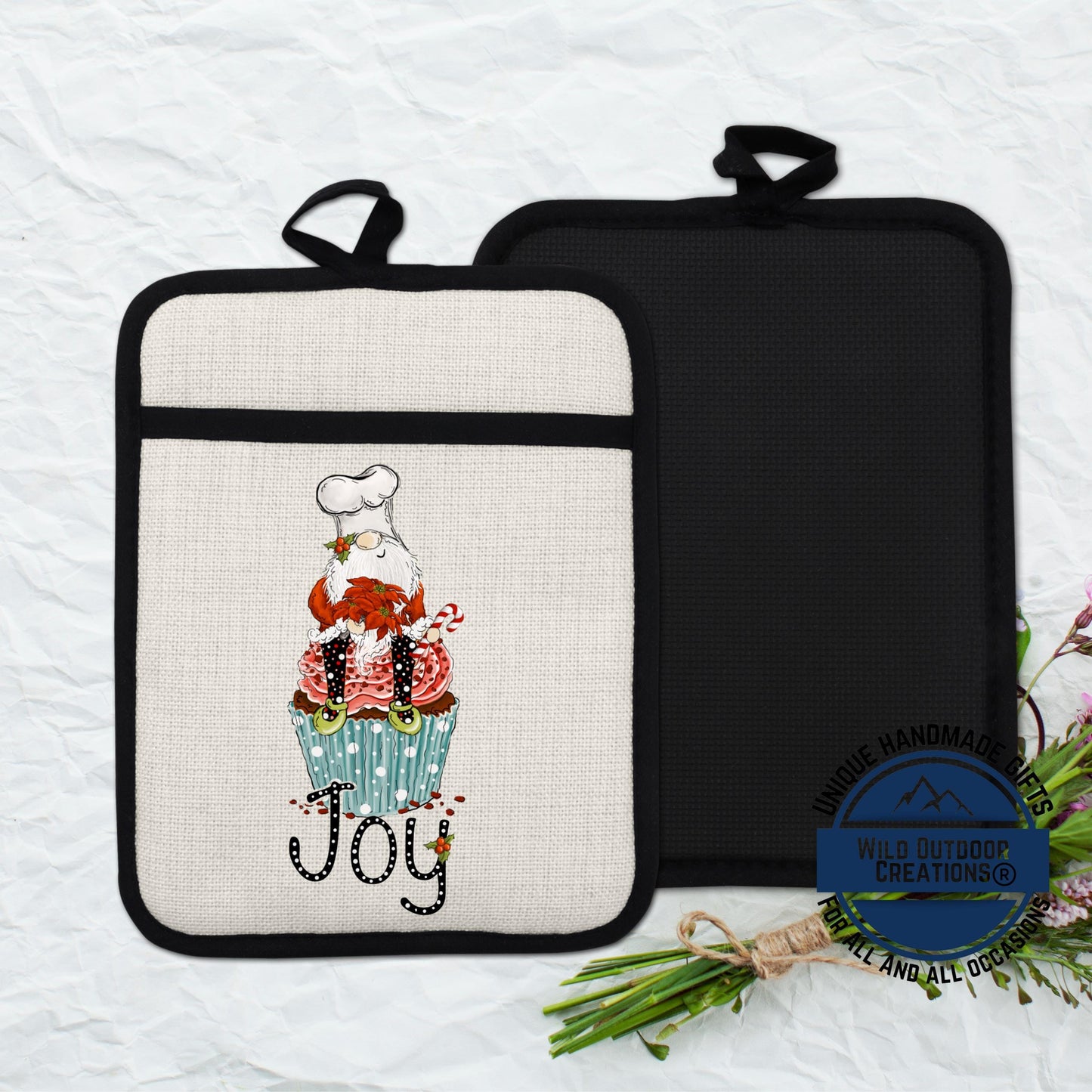 Gnome Pot Holder Linen Hot Pad Christmas Cupcake Joy Baking Kitchen Gift Decor