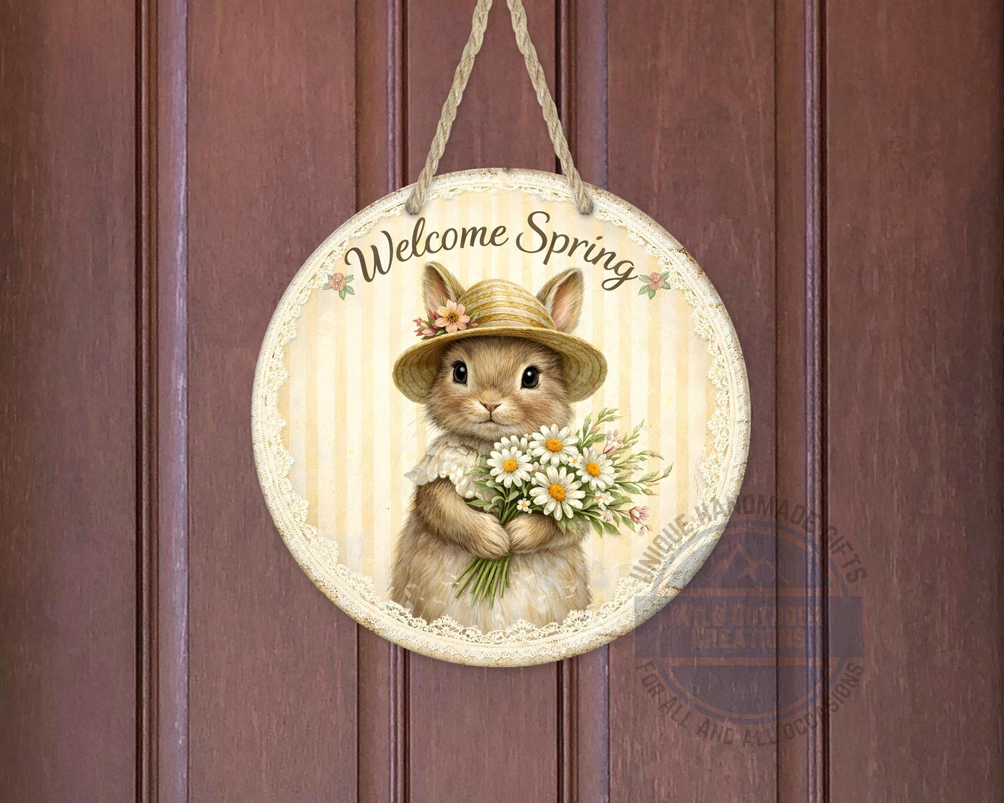 Spring Bunny Door Hanger – Floral Rabbit Wreath with Daisy Bouquet Sign - displayed on front door