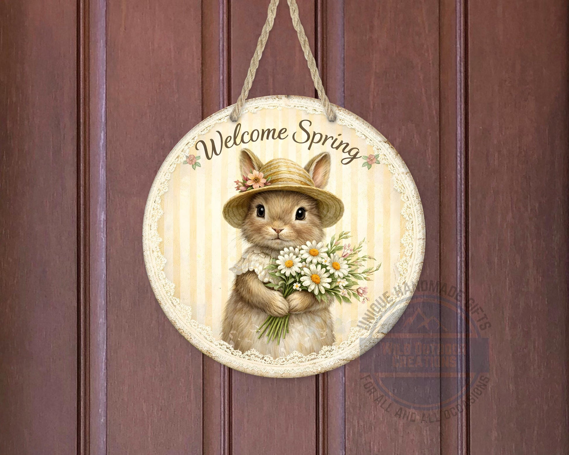 Spring Bunny Door Hanger – Floral Rabbit Wreath with Daisy Bouquet Sign - displayed on front door