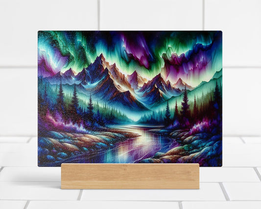 Mountain Northern Lights Glass Cutting Board - Unique Hostess Gift for Outdoor Lovers Perfect for Housewarming Charcuterie or Challah