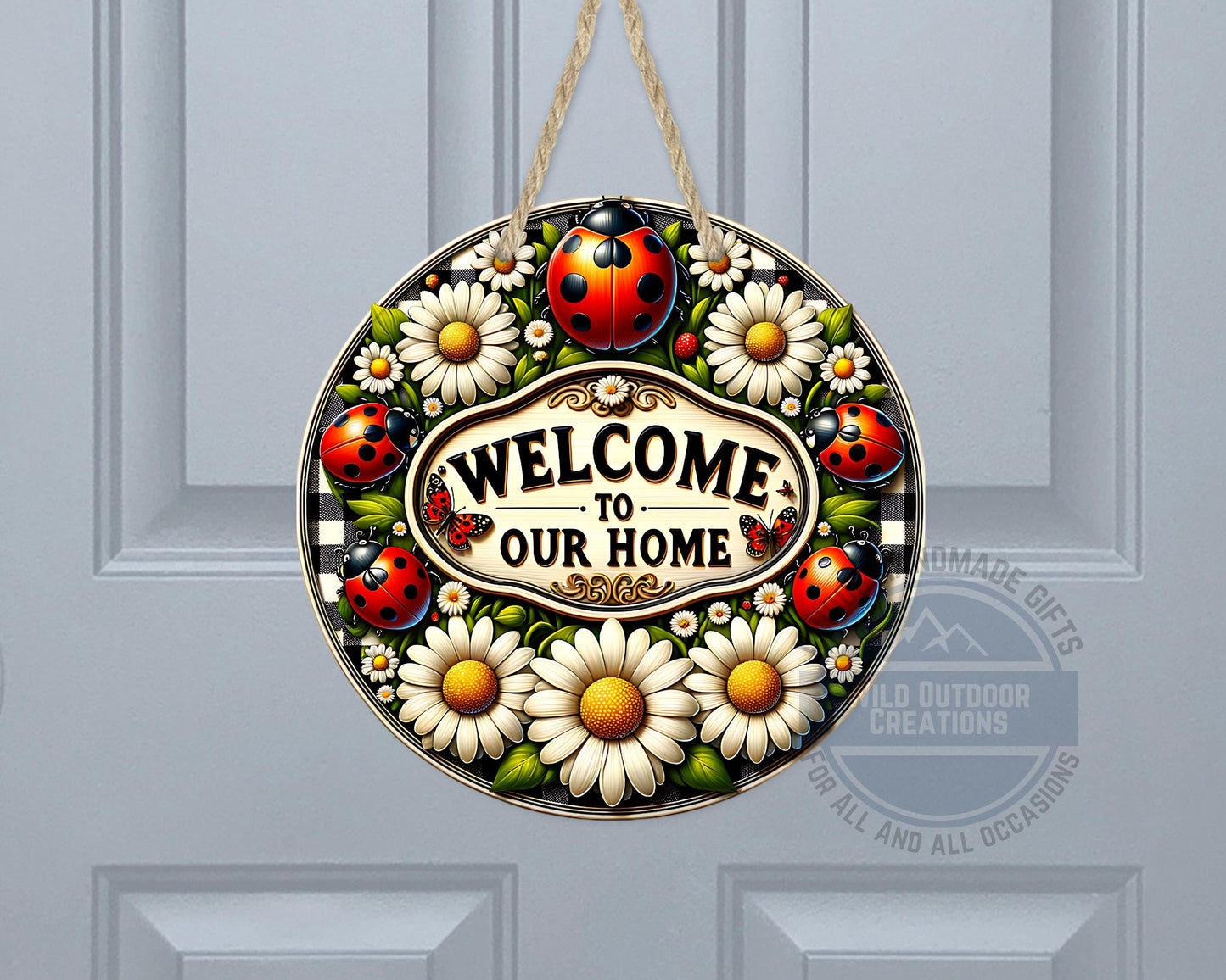 Welcome Door Hanger - Outdoor Aluminum Round Sign With Ladybug & Daisy Design - additional product photo 10