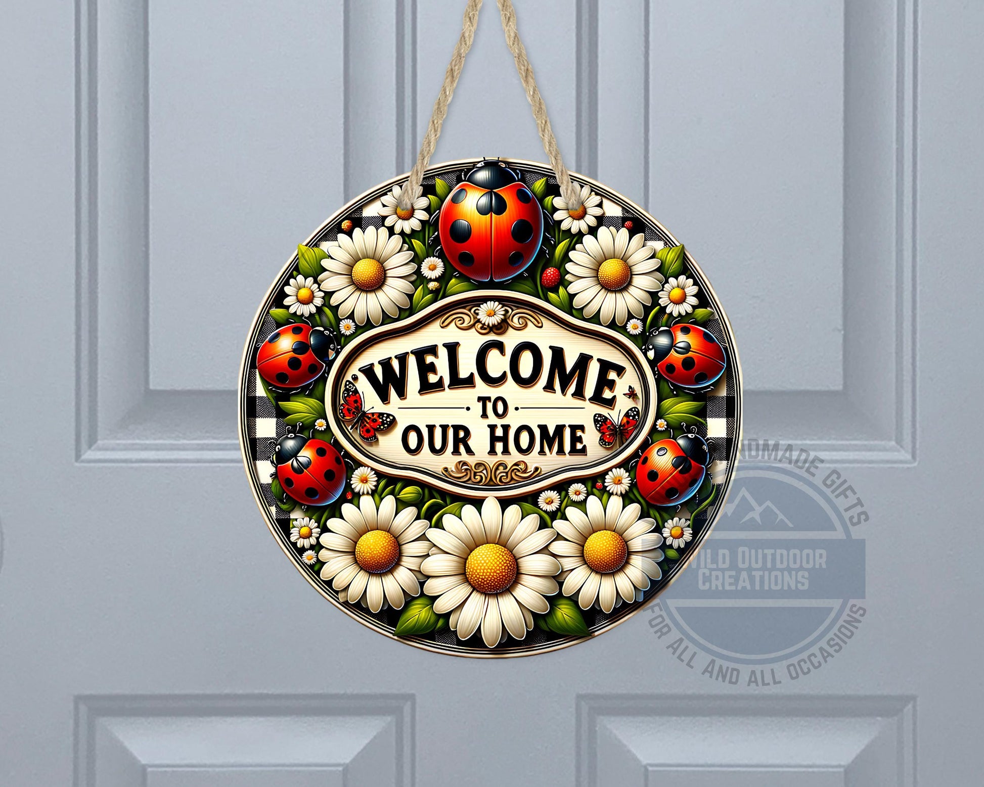 Welcome Door Hanger - Outdoor Aluminum Round Sign With Ladybug & Daisy Design - additional product photo 10