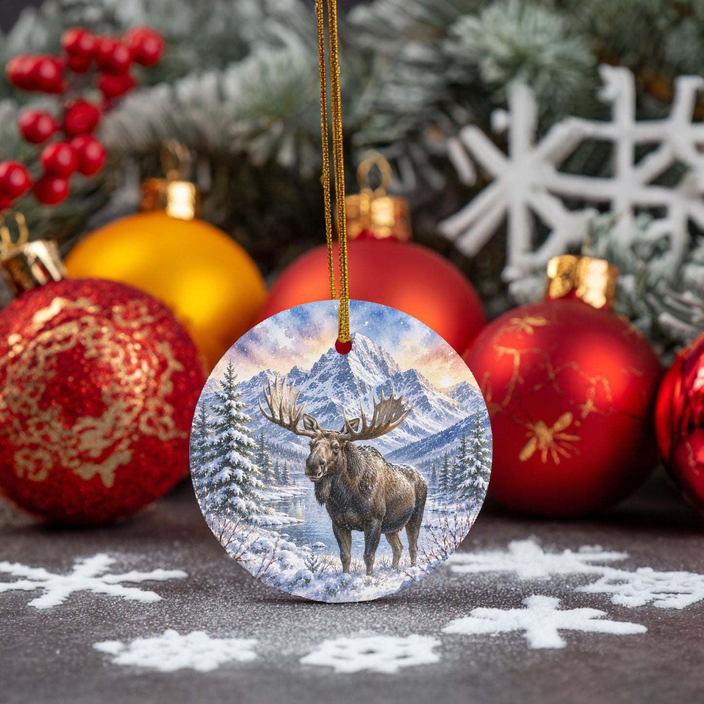 A circular ornament featuring a moose standing in a snowy landscape, surrounded by Christmas ornaments and snowflakes.