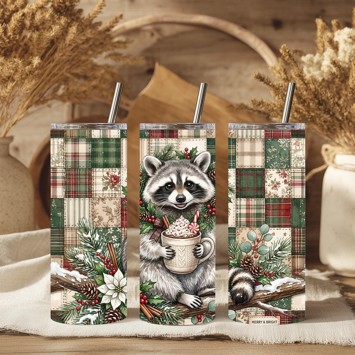 Raccoon Tumbler, 20 Oz Skinny, Plaid Patchwork Hot Cocoa Holiday