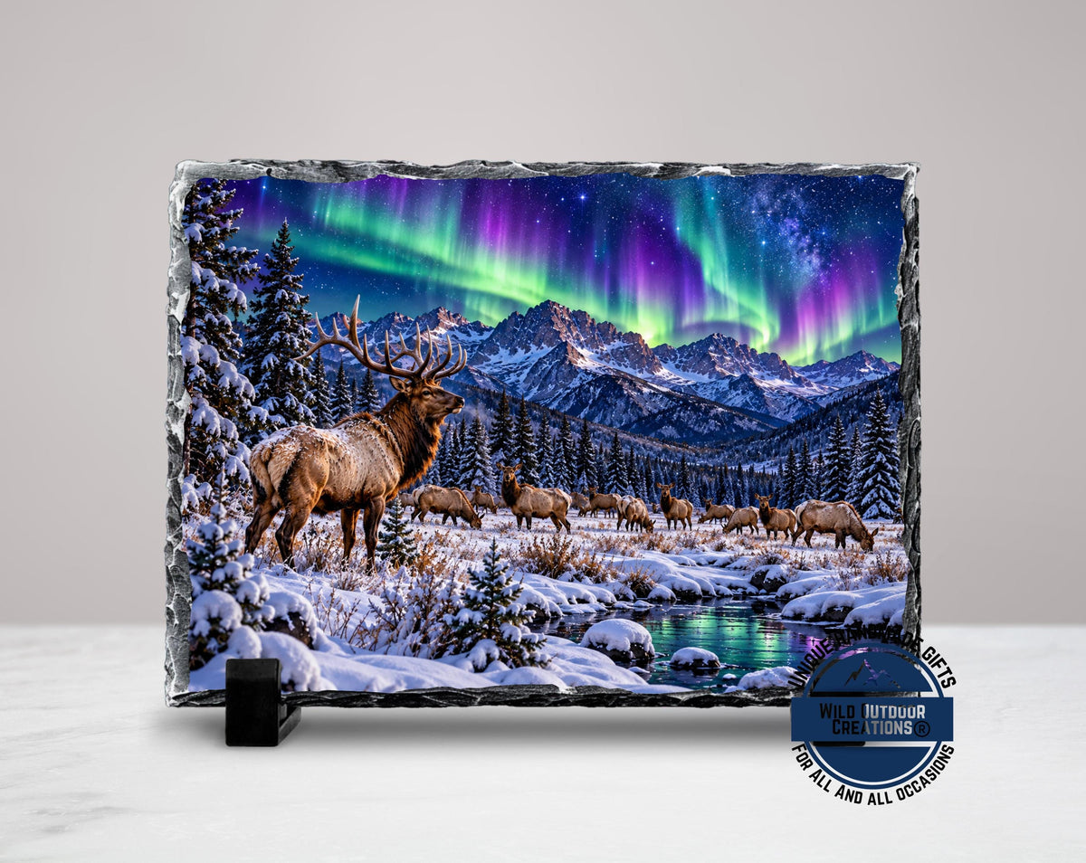 Elk Herd Slate Plaque, Northern Lights Wildlife Art, Rustic Mountain Cabin Decor