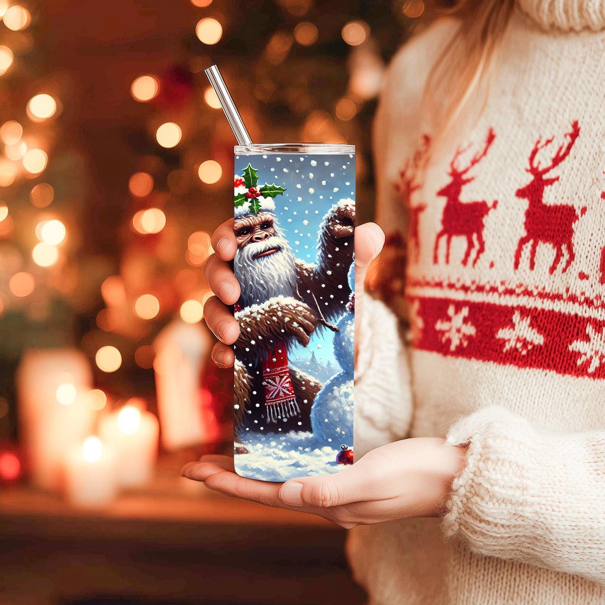 Bigfoot Tumbler, Sasquatch Santa Hat Scene, 20 Oz Skinny Wrap