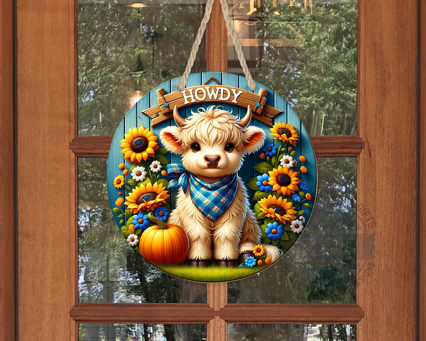 Farmhouse Door Hanger - Aluminum Round Sign with Highland Cow Decor, Blue Plaid - packaging and presentation