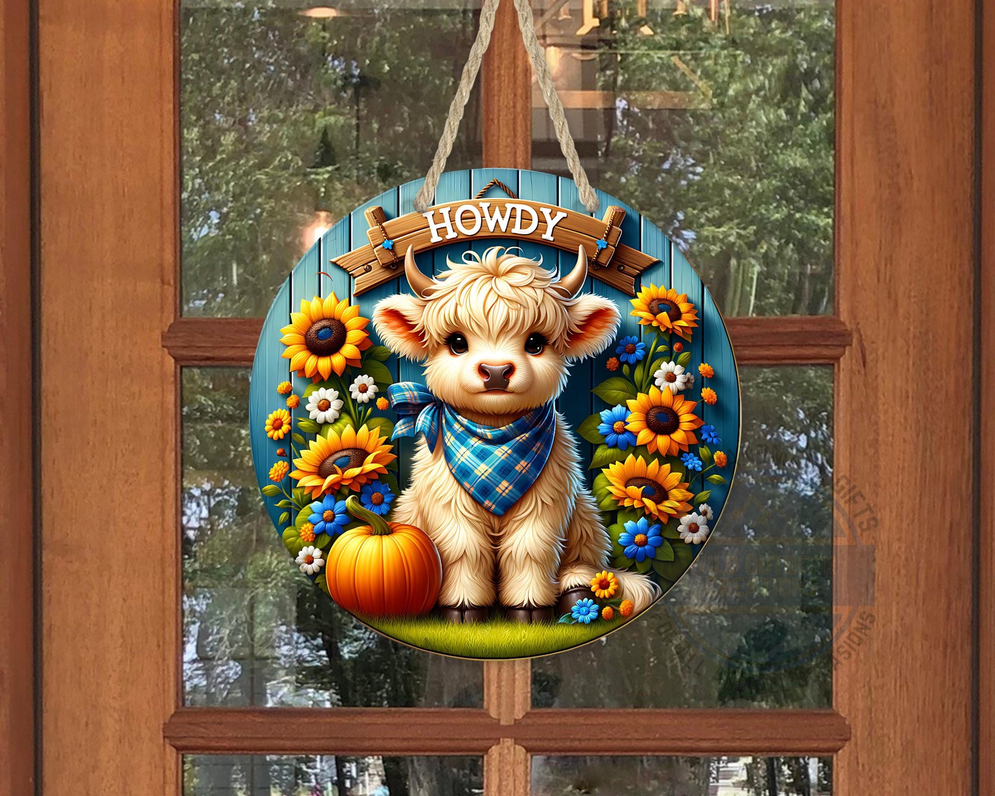 Farmhouse Door Hanger - Aluminum Round Sign with Highland Cow Decor, Blue Plaid - packaging and presentation