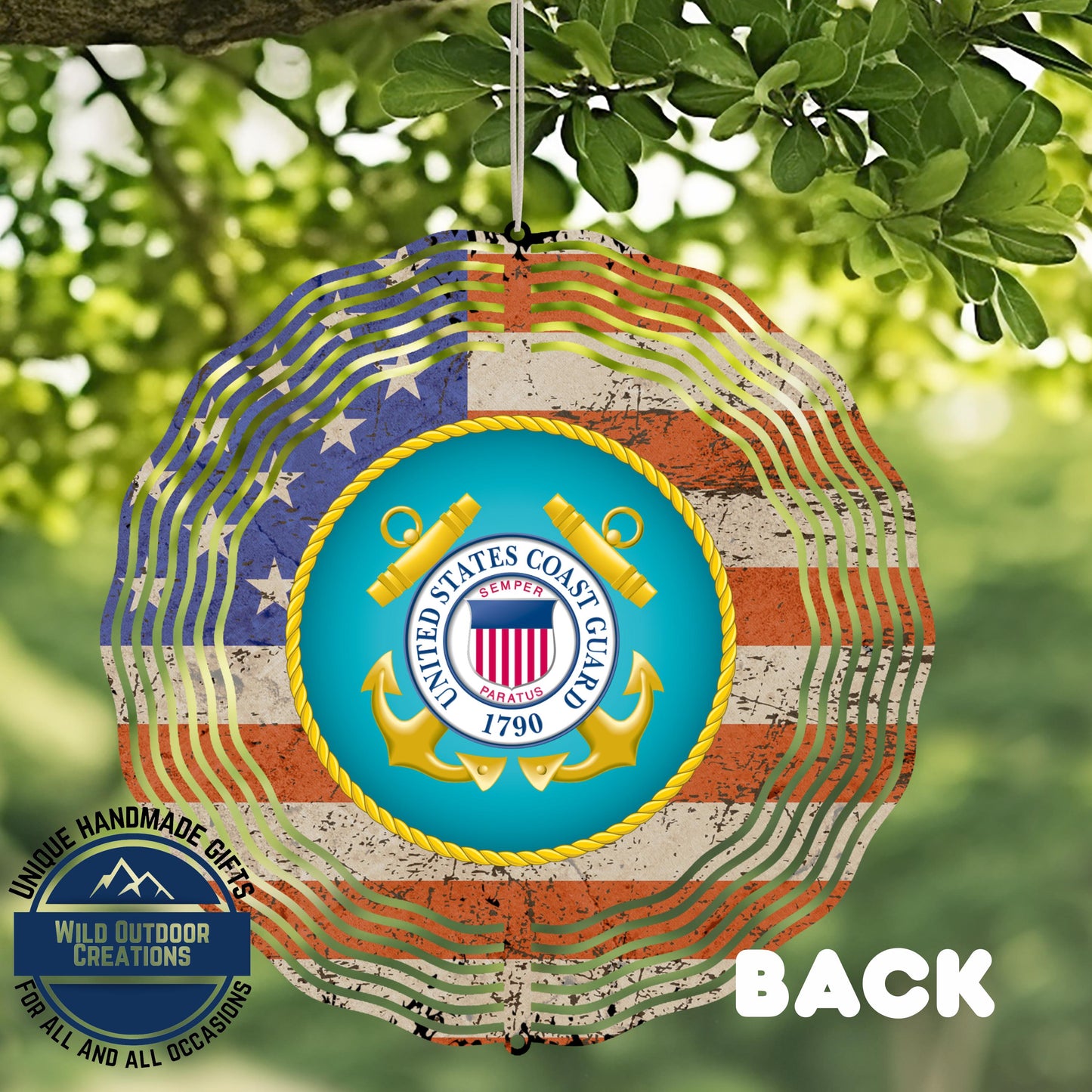 Coast Guard Wind Spinner – Patriotic Garden Decor | Durable Aluminum Outdoor Art - close-up detail of design