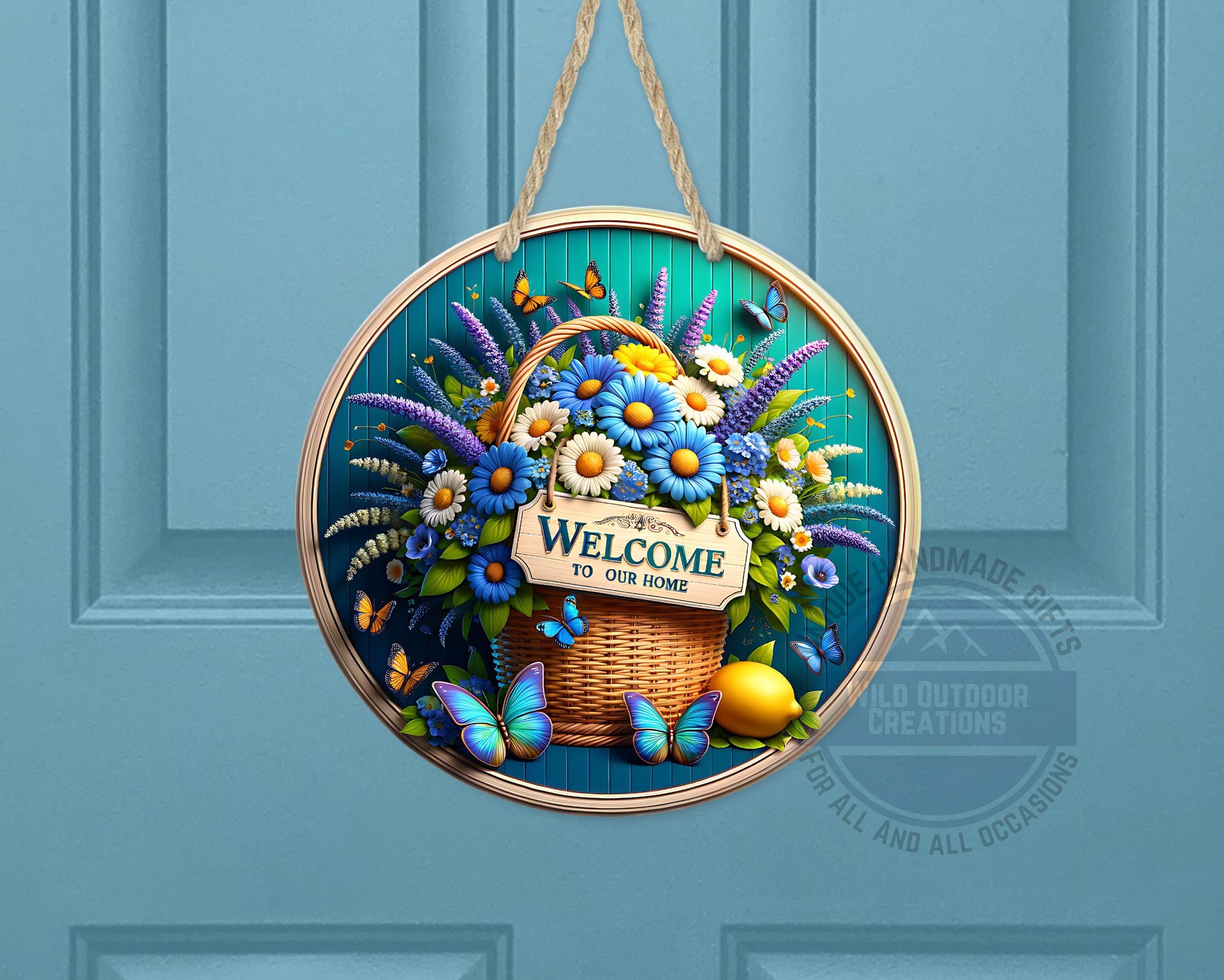 Welcome Door Sign – Blue Daisy Floral Basket | Outdoor Aluminum Porch Decor - product dimensions and specifications