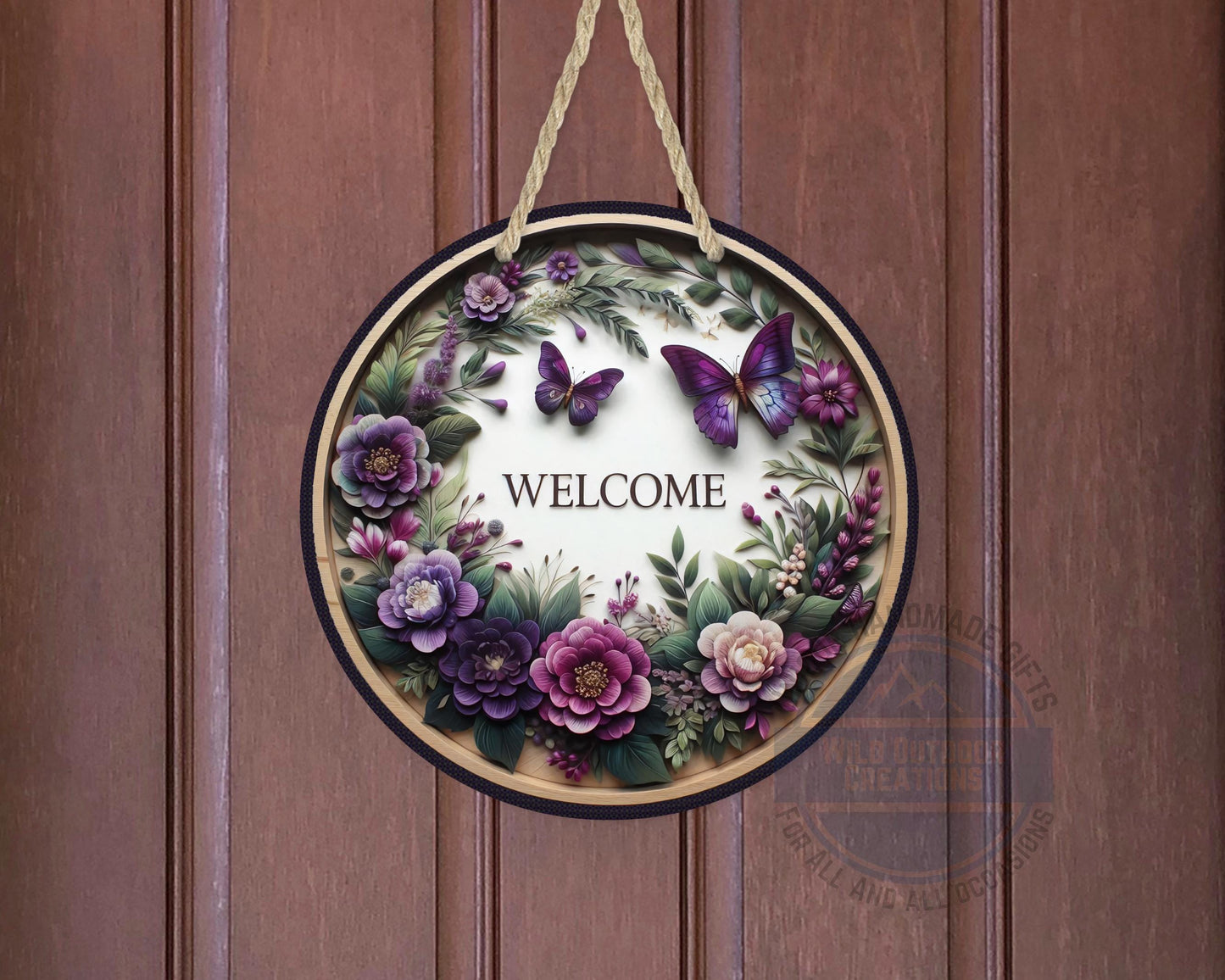 Welcome Door Hanger - Purple Floral Butterfly Porch Sign | Weather Resistant Aluminum - detail view