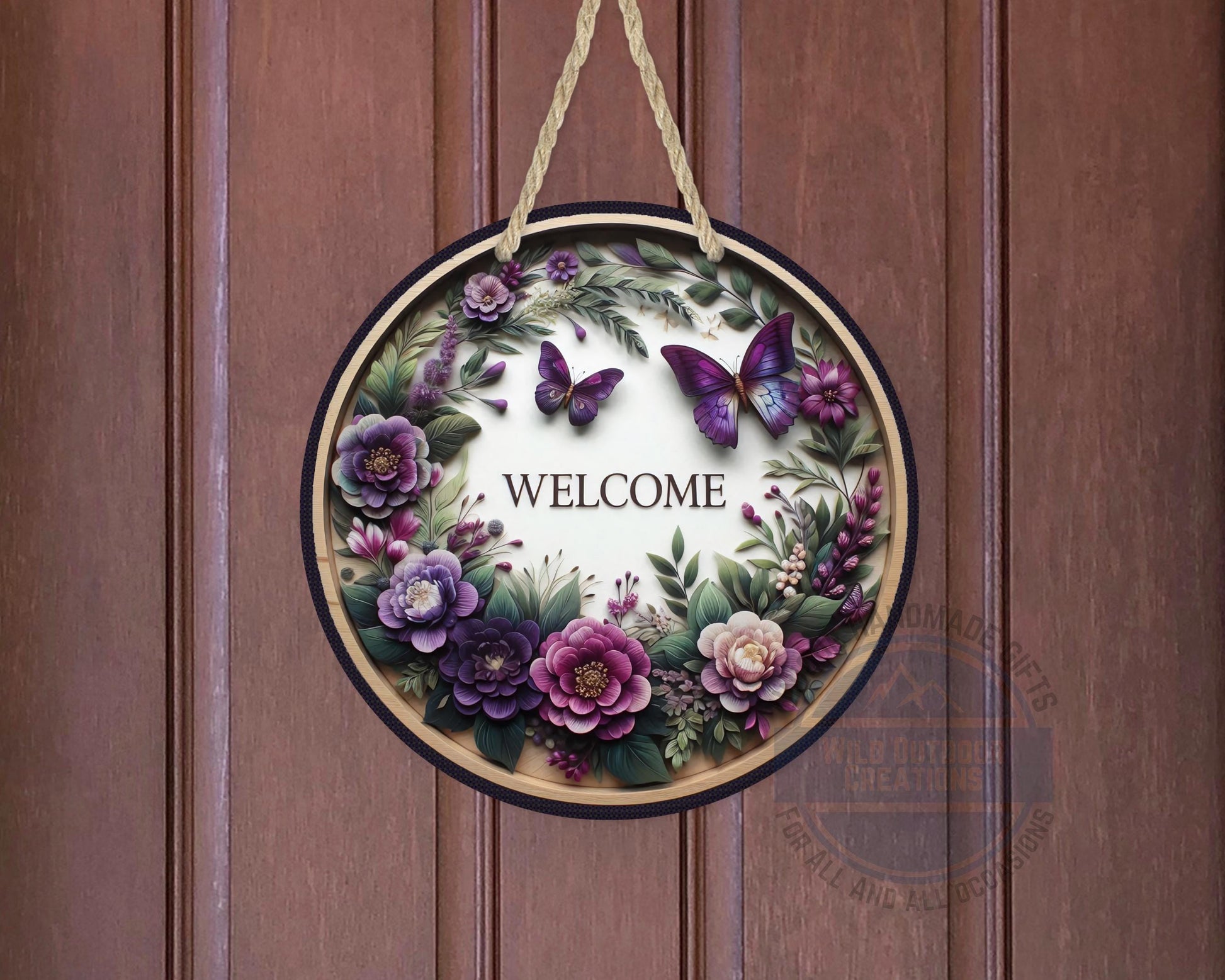 Welcome Door Hanger - Purple Floral Butterfly Porch Sign | Weather Resistant Aluminum - detail view