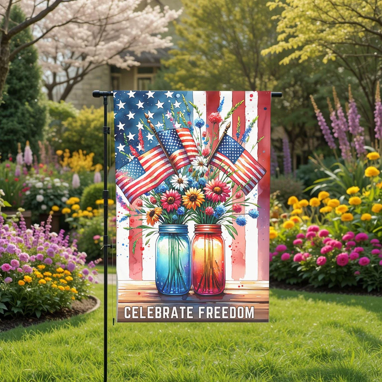 Patriotic Garden Flag – Mason Jar Flowers Floral American 12x18 Outdoor Decor