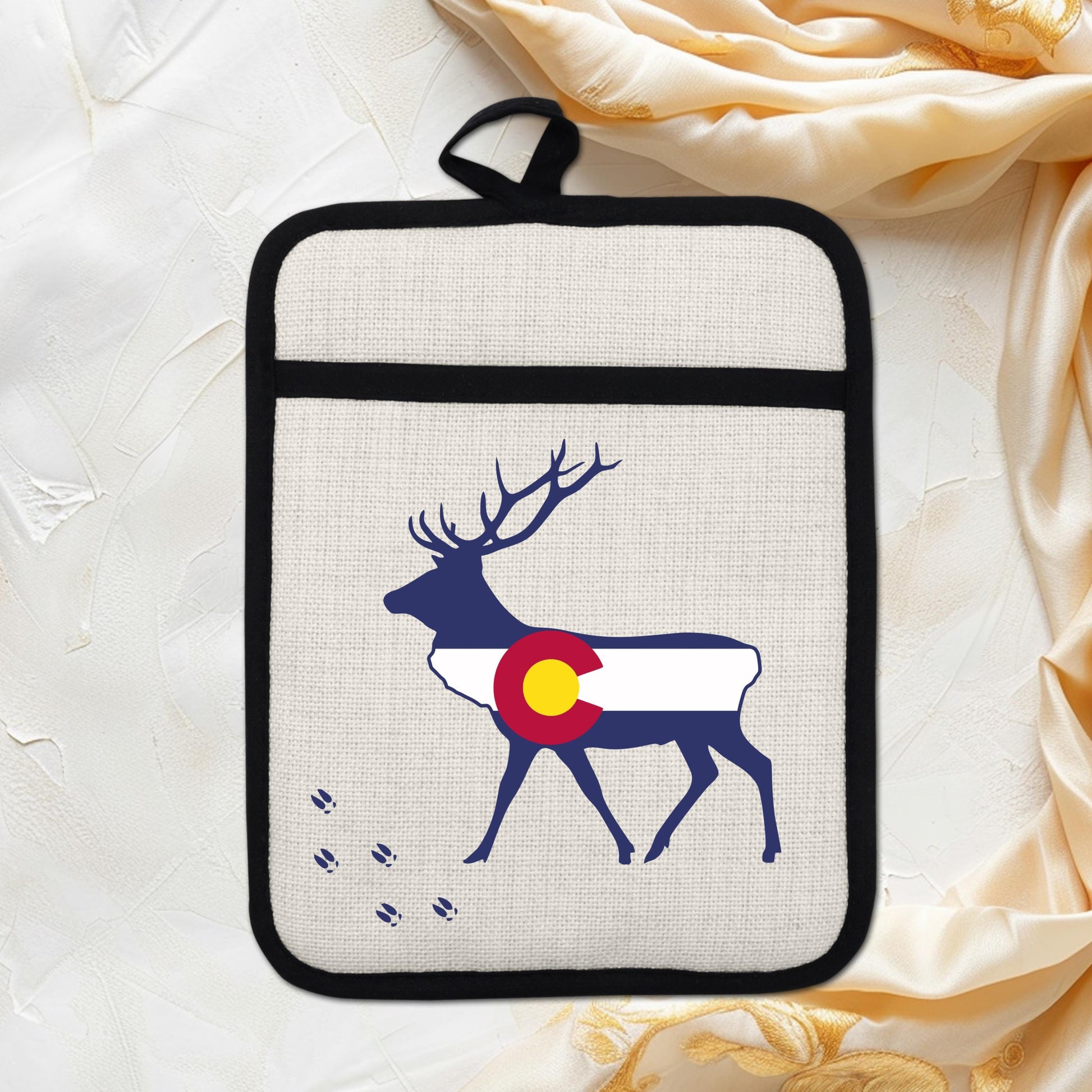 Elk Pot Holder - Colorado Linen With Silicone Back, Heat Resistant Trivet 9x7 Inches - detail view
