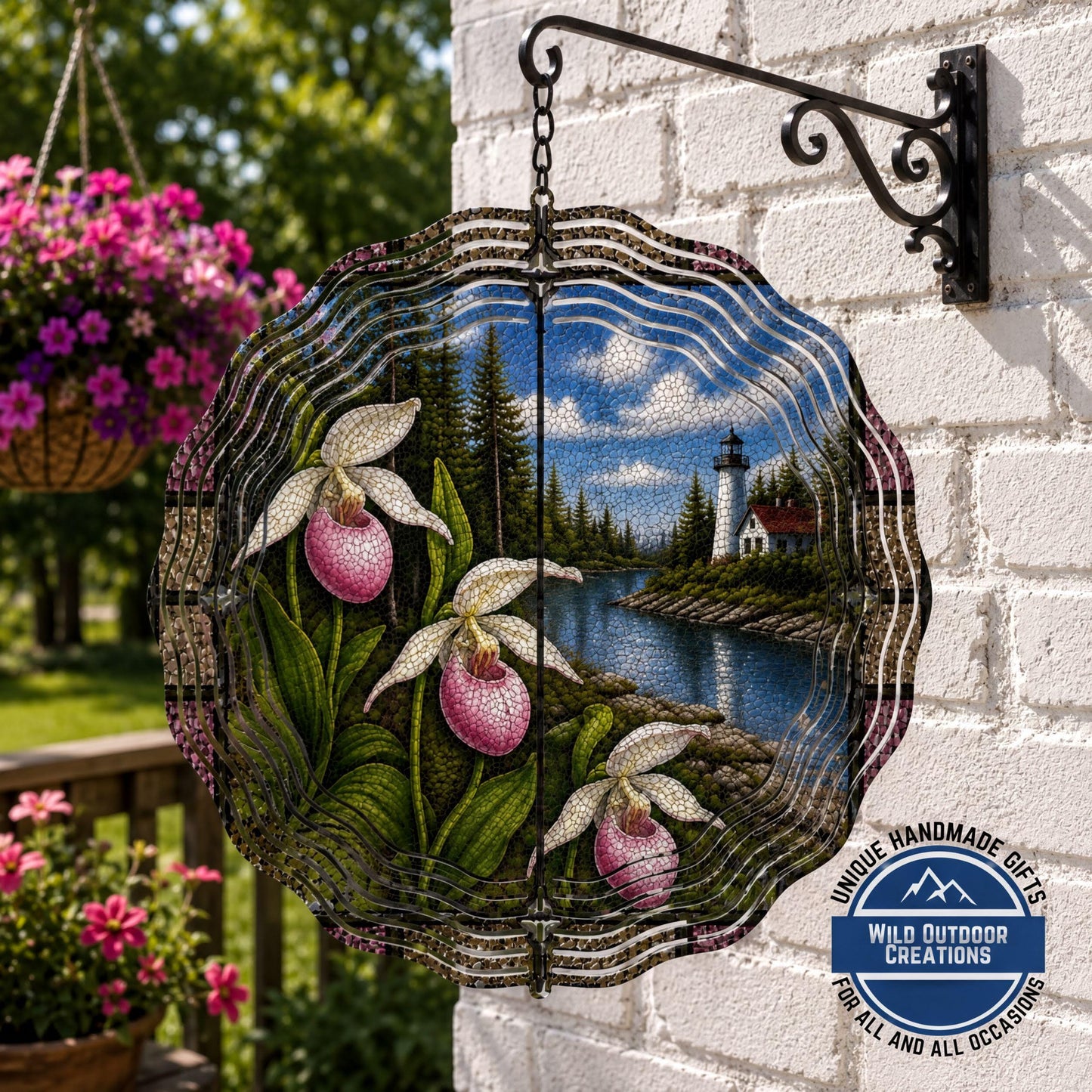 Minnesota State Flower Lady Slipper Wind Spinner Stained Glass Look Lighthouse Decor 10 Inch