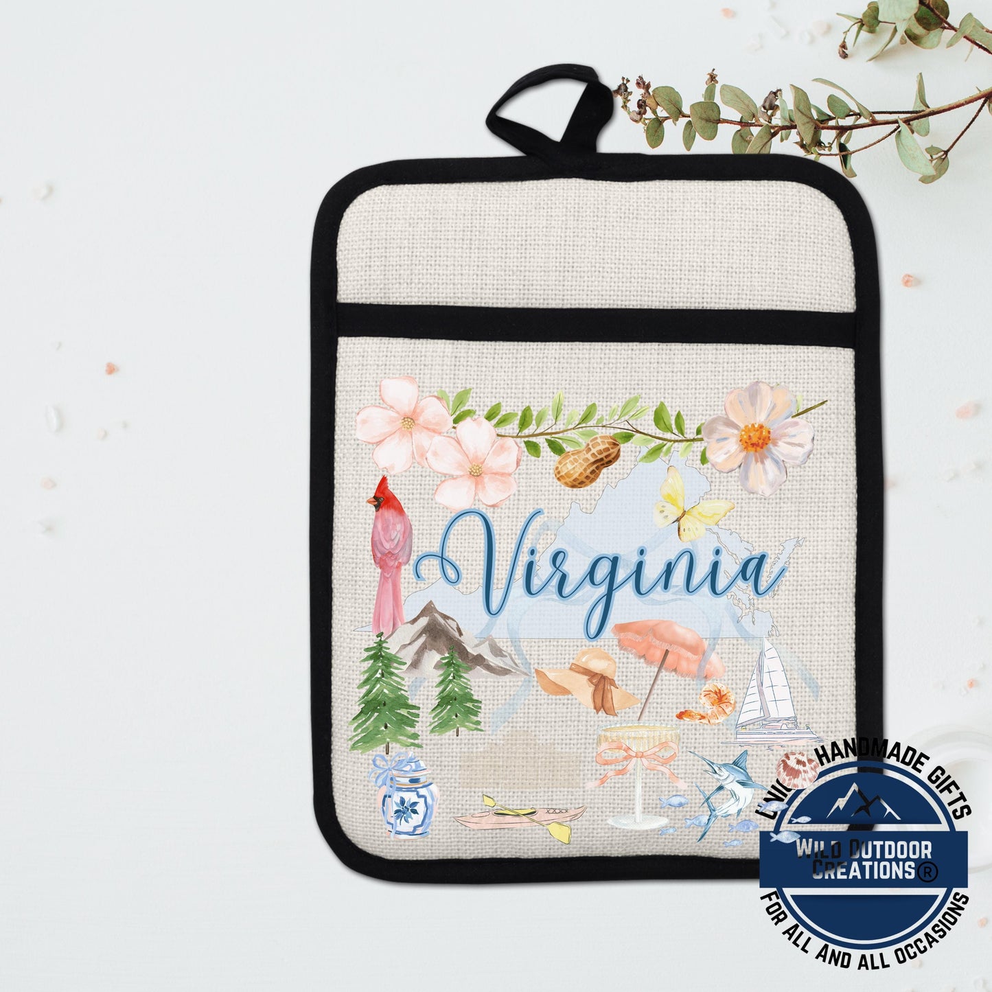 Virginia Pot Holder – Linen Kitchen Accessory With Cardinal Watercolor Design - lifestyle view