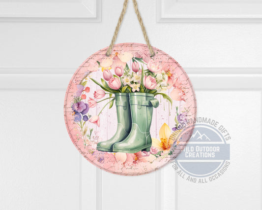 Spring Garden Boots - Pink Tulip Floral Door Hanger | Rustic Farmhouse Charm