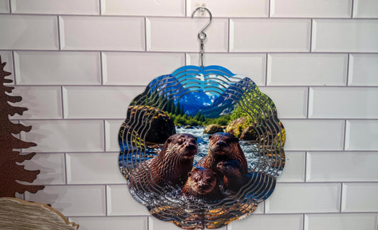 Family Otter 10 Inch Wind Spinner, Wildlife Porch Decor - 360 Swivel | Indoor Outdoor Accent