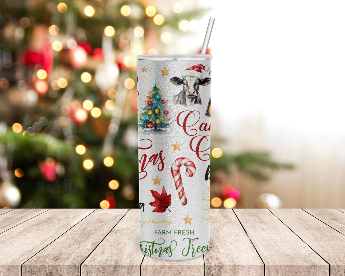 Christmas Cow Tumbler, 20 Oz Skinny Silver Glitter Santa Hat