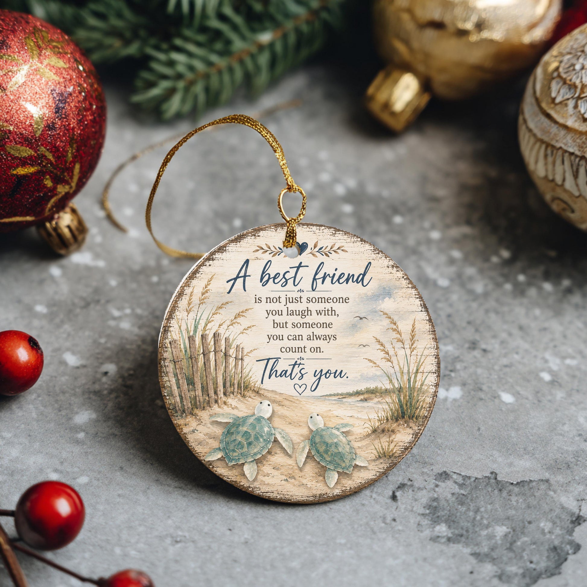 A wooden ornament with a message about friendship, featuring a turtle illustration and surrounded by Christmas ornaments.