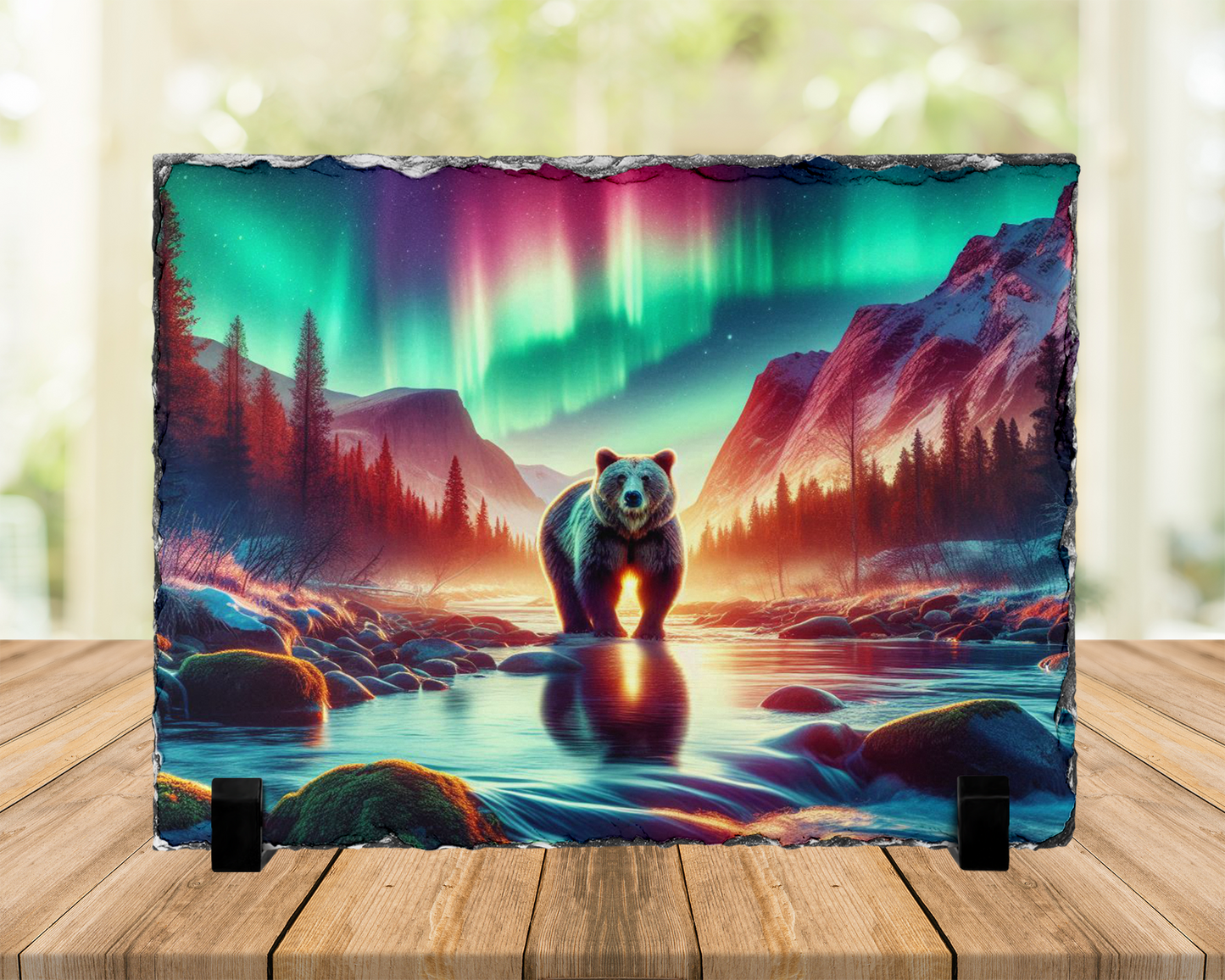 Northern Lights Bear Slate Art - Unique Gift for Outdoor Lovers Aurora Borealis Decor