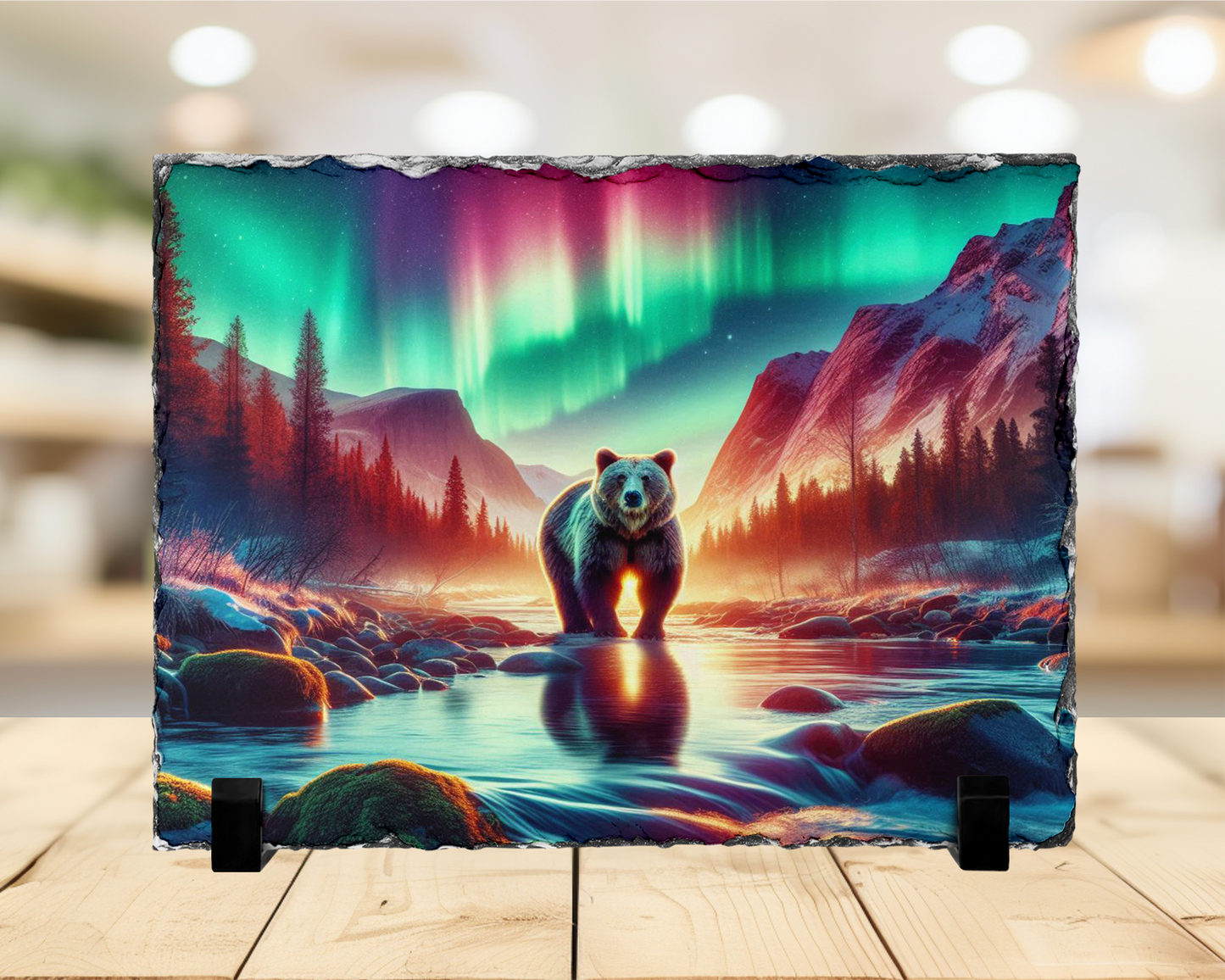 Northern Lights Bear Slate Art - Unique Gift for Outdoor Lovers Aurora Borealis Decor