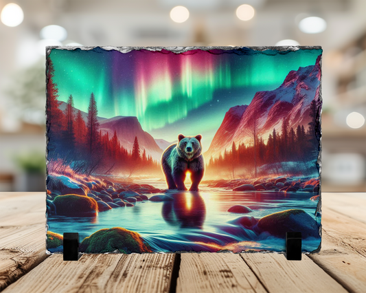 Northern Lights Bear Slate Art - Unique Gift for Outdoor Lovers Aurora Borealis Decor