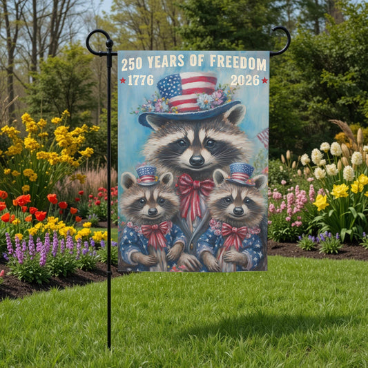 Patriotic Garden Flag - 250 Years Of Freedom Raccoon 12x18 Double Sided Sublimation