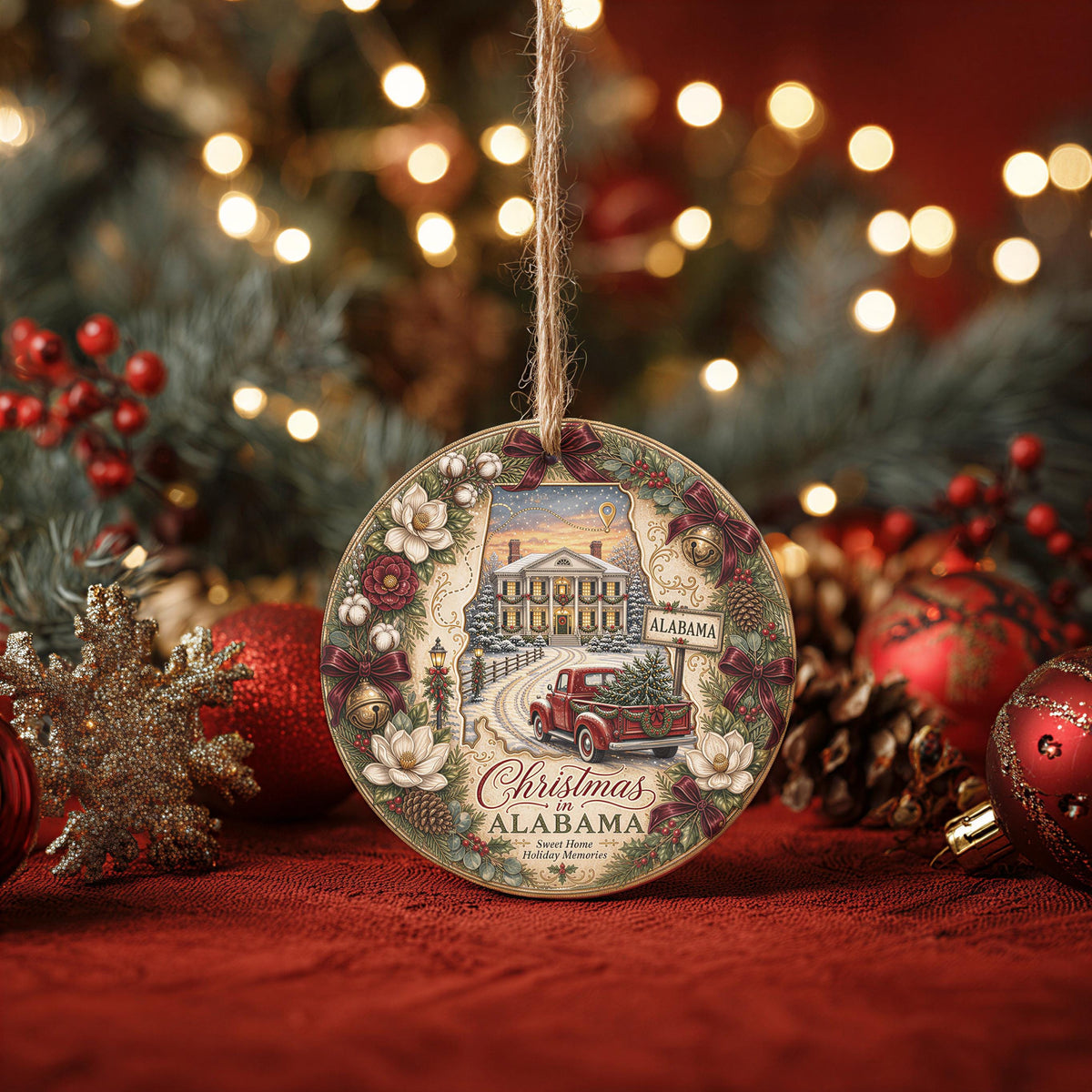 Alabama Christmas Ornament, Vintage Red Truck, Mansion Scene | Ceramic 3 Inch Double-Sided