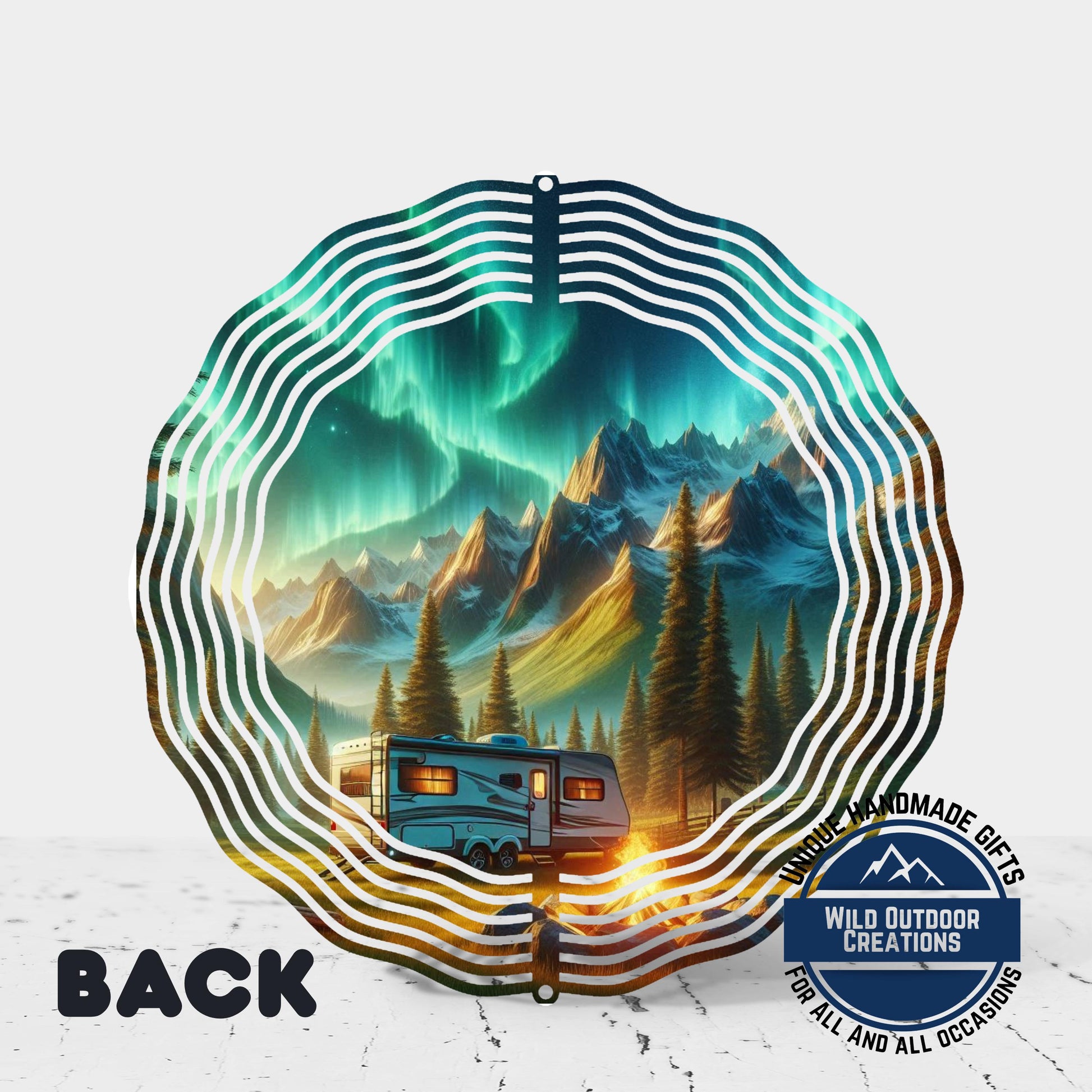 Northern Lights Wind Spinner - Double Sided Camping Spinner with Mountain Scene - product dimensions and specifications