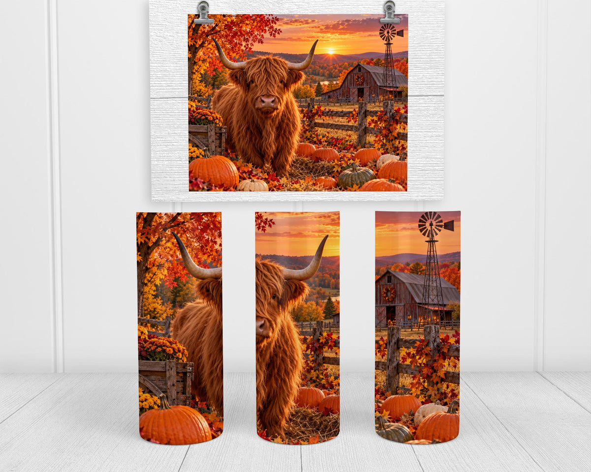 20 Oz Skinny Tumbler, Highland Cow Fall Pumpkin Patch, Red Barn