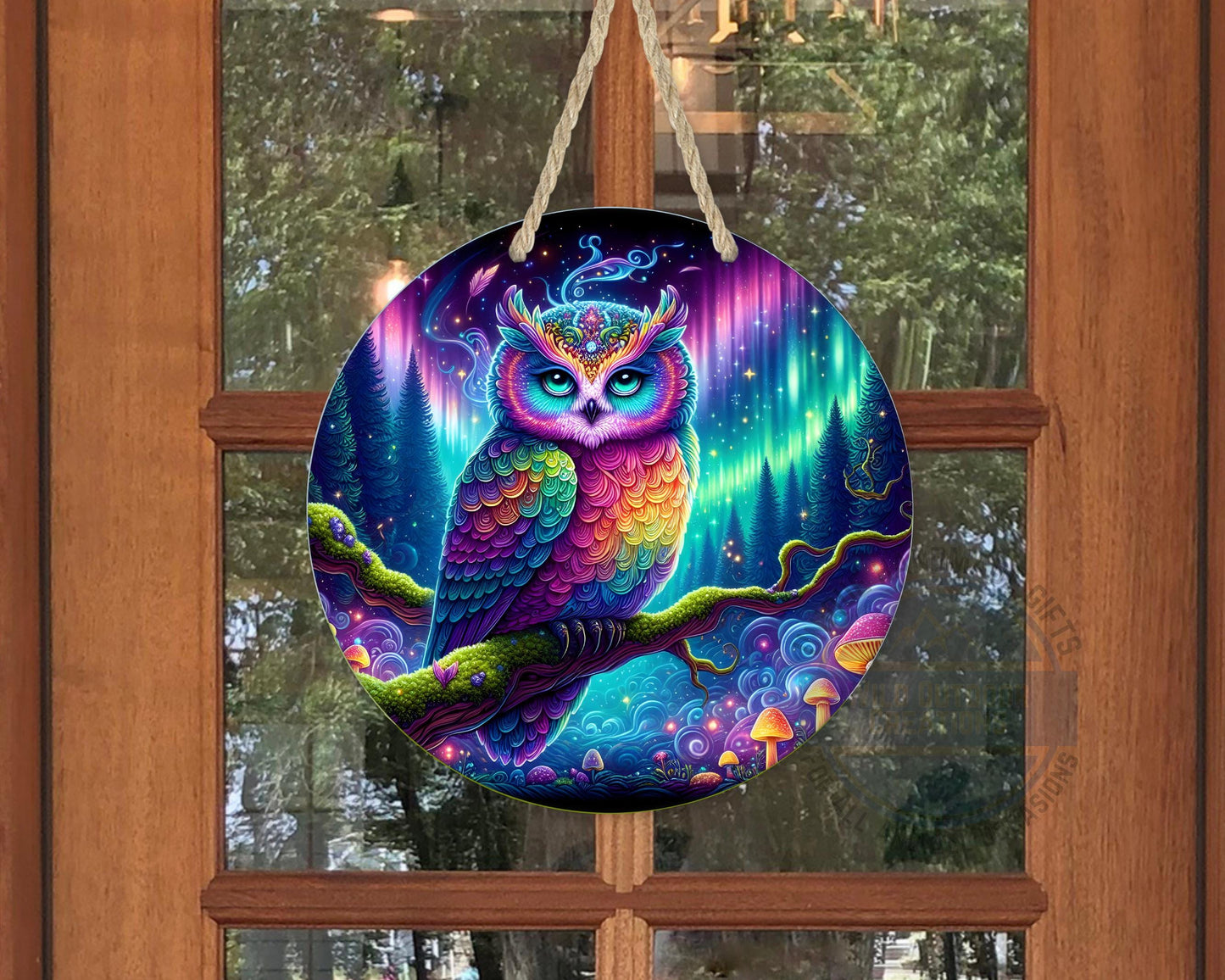 Rainbow Owl Wall Art – Psychedelic Forest Scene | Round Aluminum Sign With Fade Resistant Print - lifestyle view
