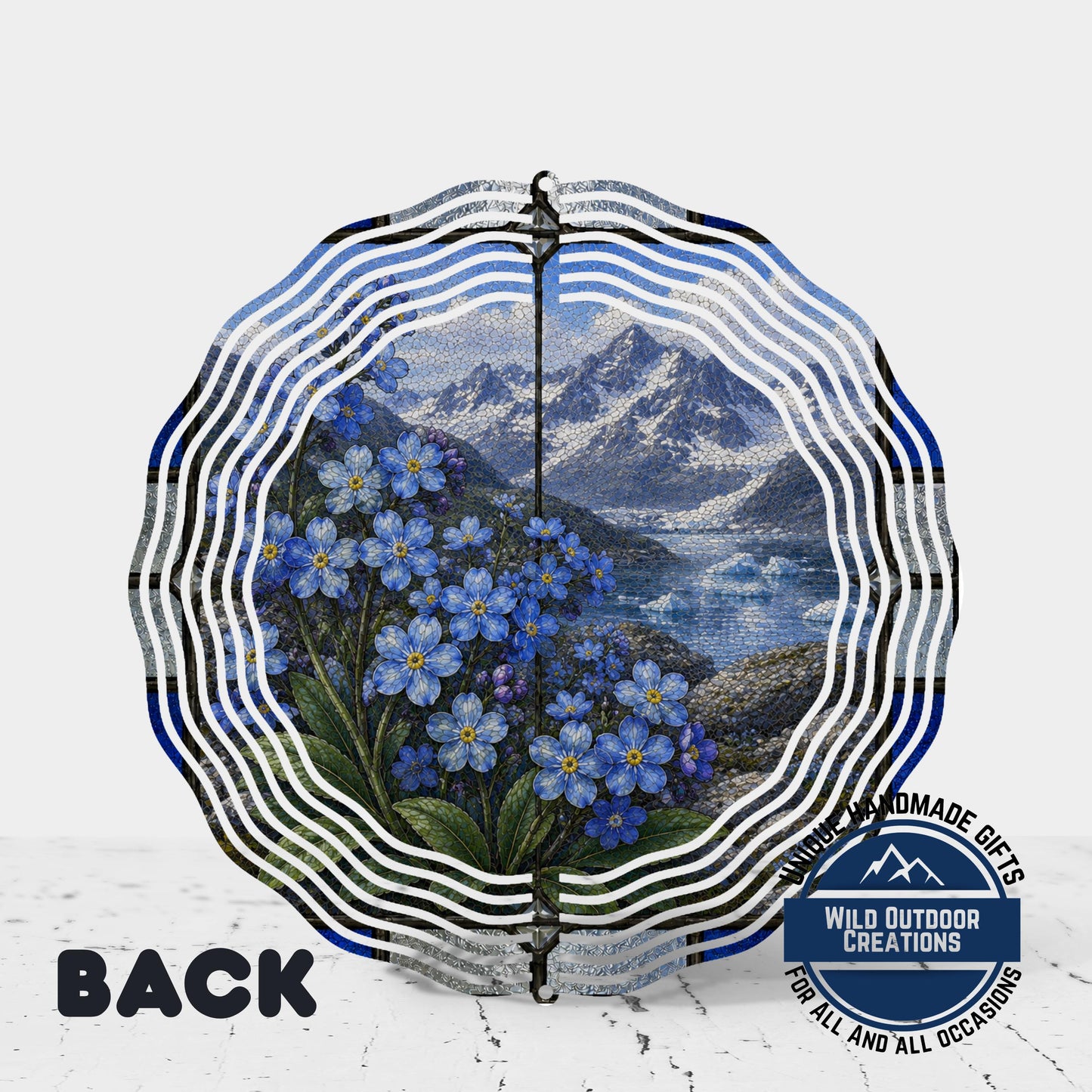 Forget Me Not Wind Spinner Alaska State Flower Stained Glass Style Garden Aluminum Decor
