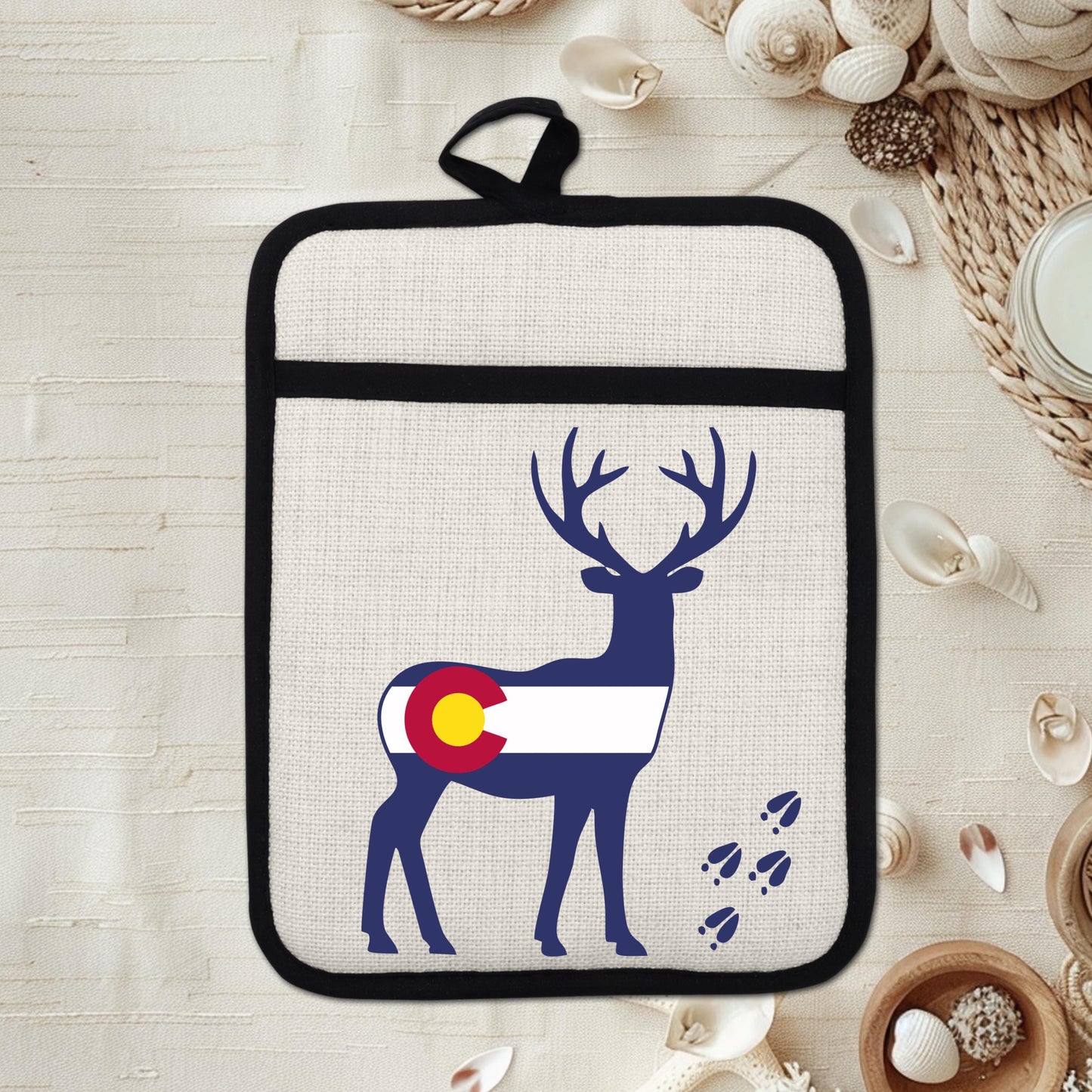 Colorado Deer Pot Holder - Linen Fabric, Silicone Back Trivet with Pocket Grip - product dimensions and specifications