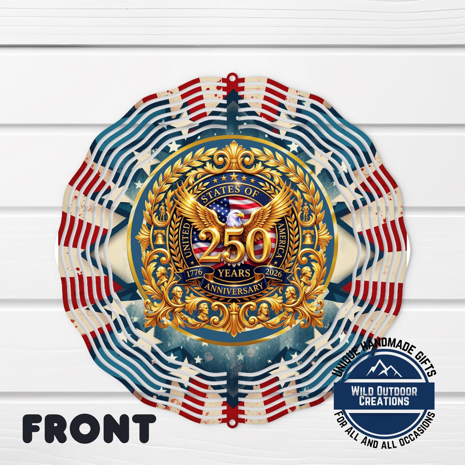 USA 250th Wind Spinner – Double Sided Gold Eagle Wall Art | Patriotic Garden Decor - shown spinning in outdoor garden setting