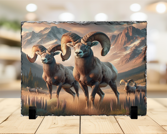 Big Horn Sheep Photo Slate with Snow-Capped Mountains Display Stand