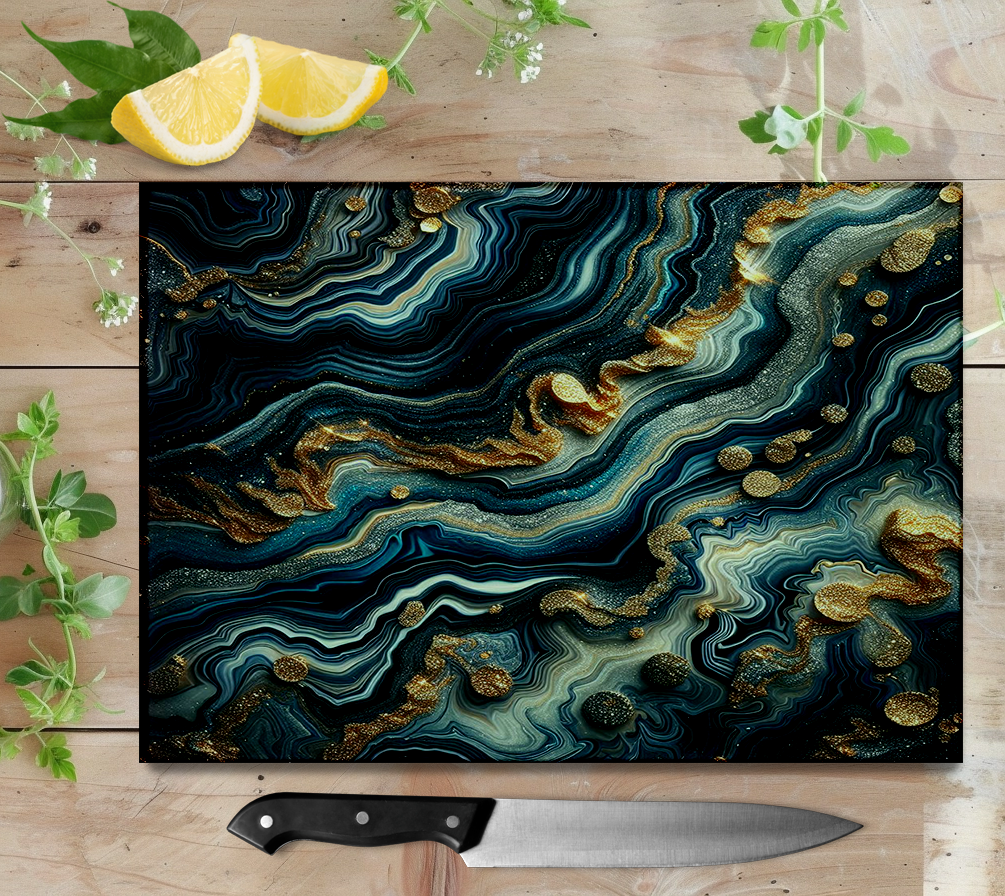 Large Tempered Glass Cutting Board, Navy Blue White Gold Agate Pattern