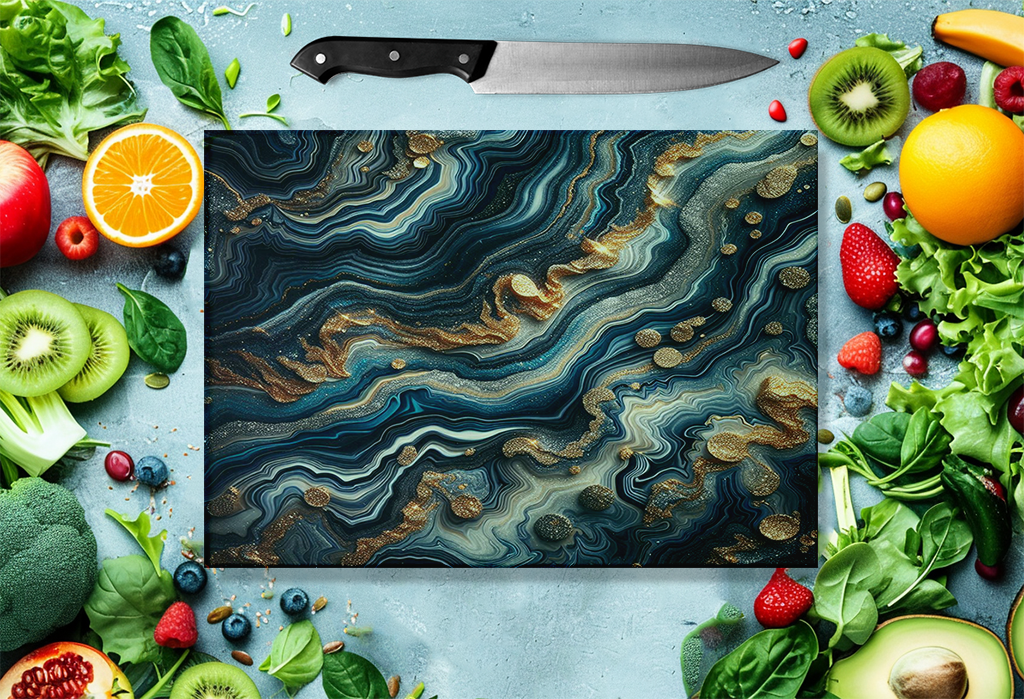 Large Tempered Glass Cutting Board, Navy Blue White Gold Agate Pattern