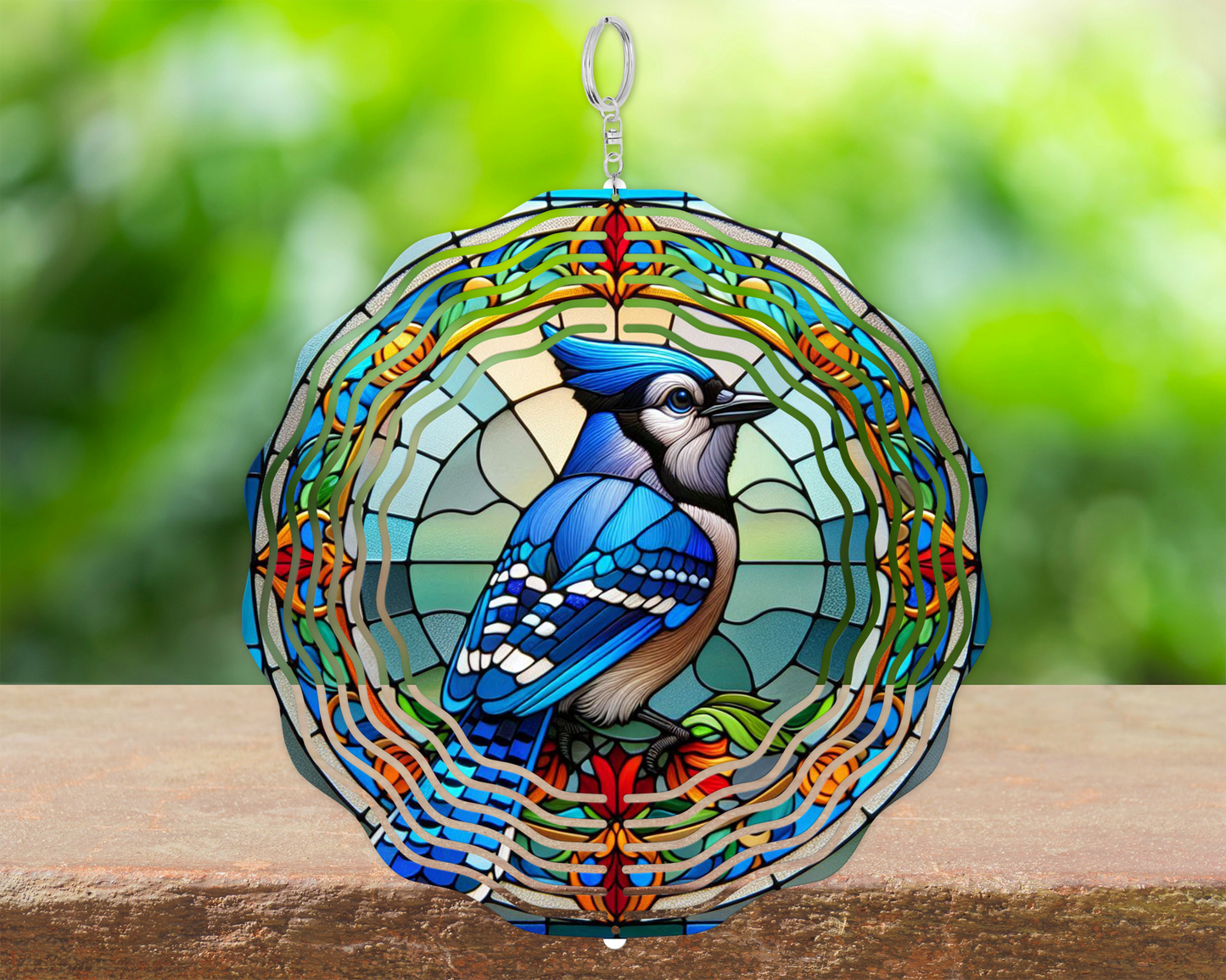 Bluejay Stained Glass Wind Spinner  Unique Mothers Day Gift  Charming Outdoor Decor