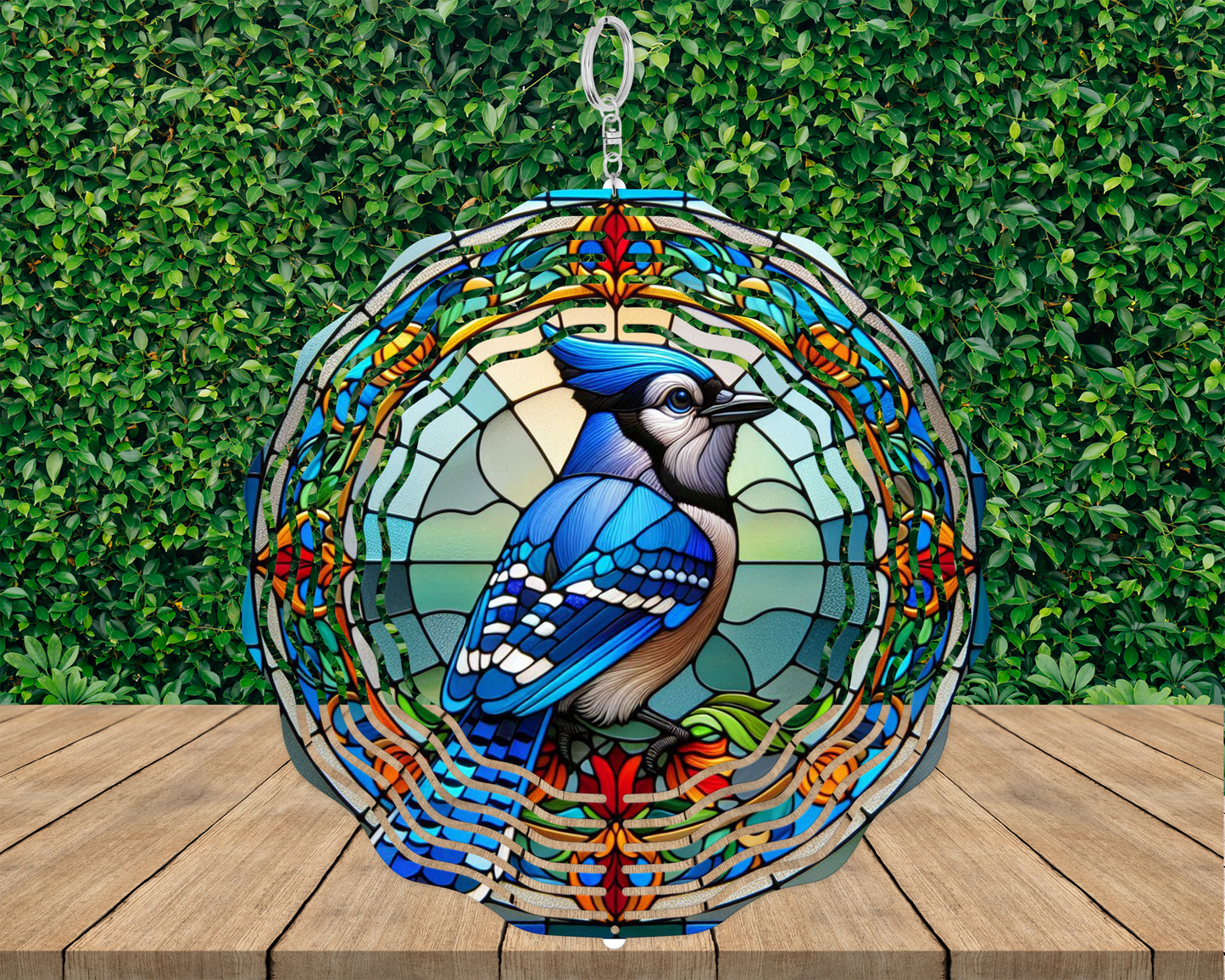 Bluejay Stained Glass Wind Spinner  Unique Mothers Day Gift  Charming Outdoor Decor