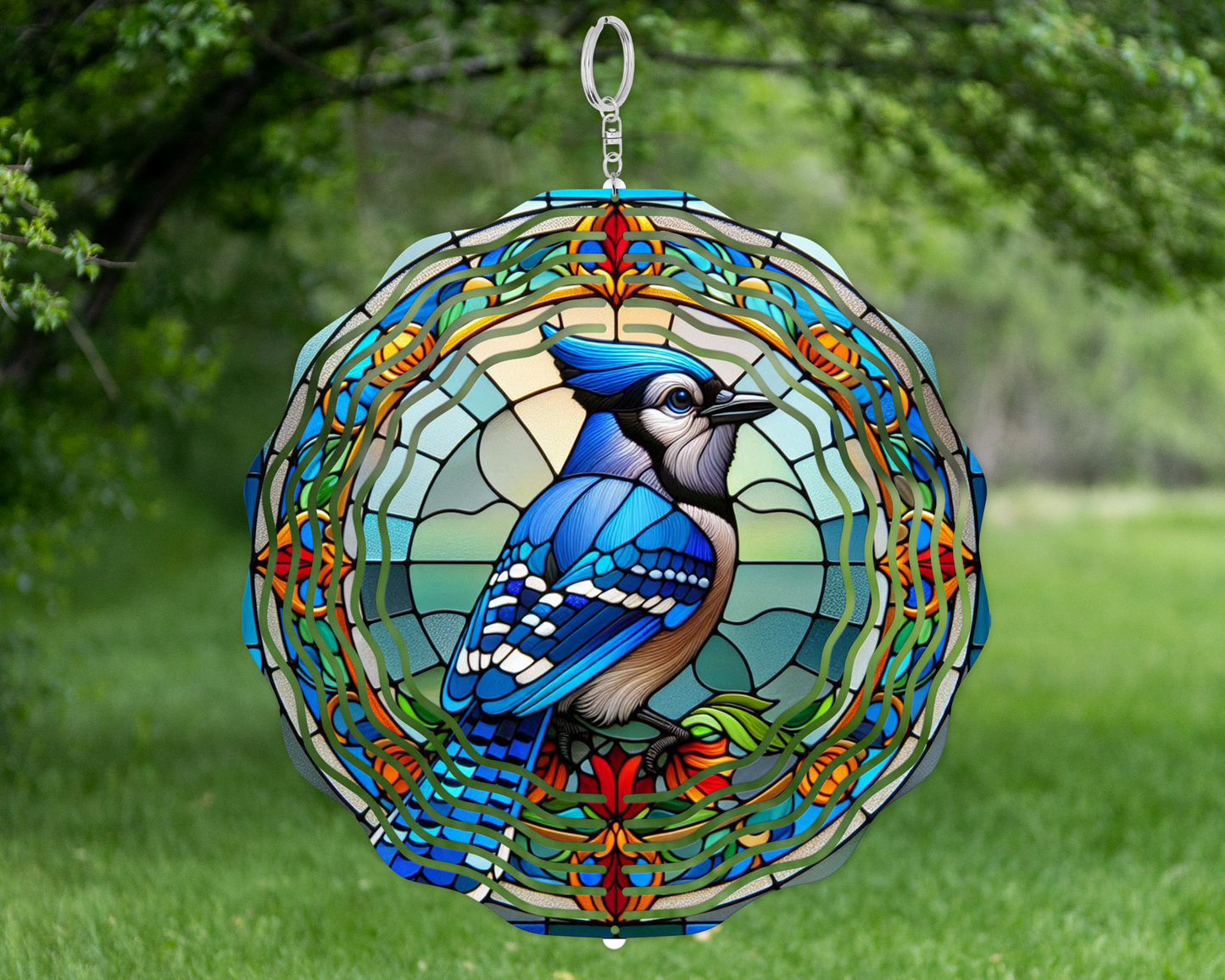 Bluejay Stained Glass Wind Spinner  Unique Mothers Day Gift  Charming Outdoor Decor