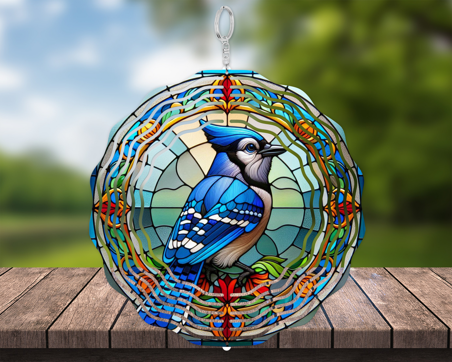 Bluejay Stained Glass Wind Spinner  Unique Mothers Day Gift  Charming Outdoor Decor