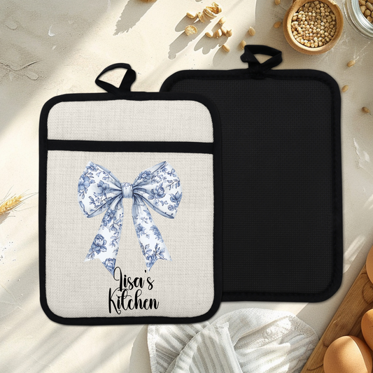 Custom Chinoiserie Bow Design Linen Pot Holder with Personalized Name